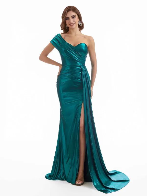 Elegant One Shoulder Mermaid Side Split Sparkly Metallic Long Formal Dresses Online sold by ChicSew