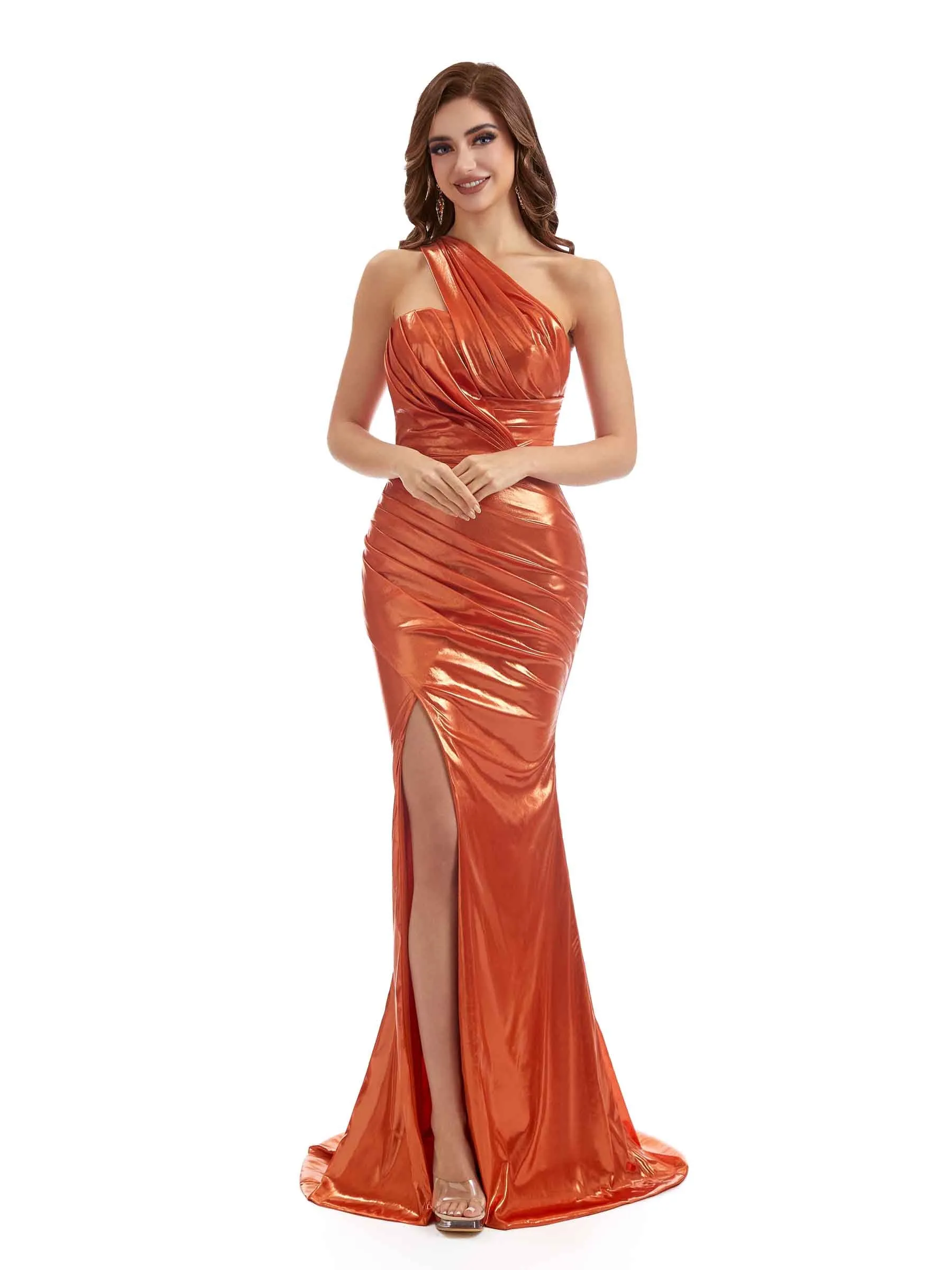 One Shoulder Mermaid Metallic Stretch Shiny Fabric Long Bridesmaid Dresses Online sold by ChicSew