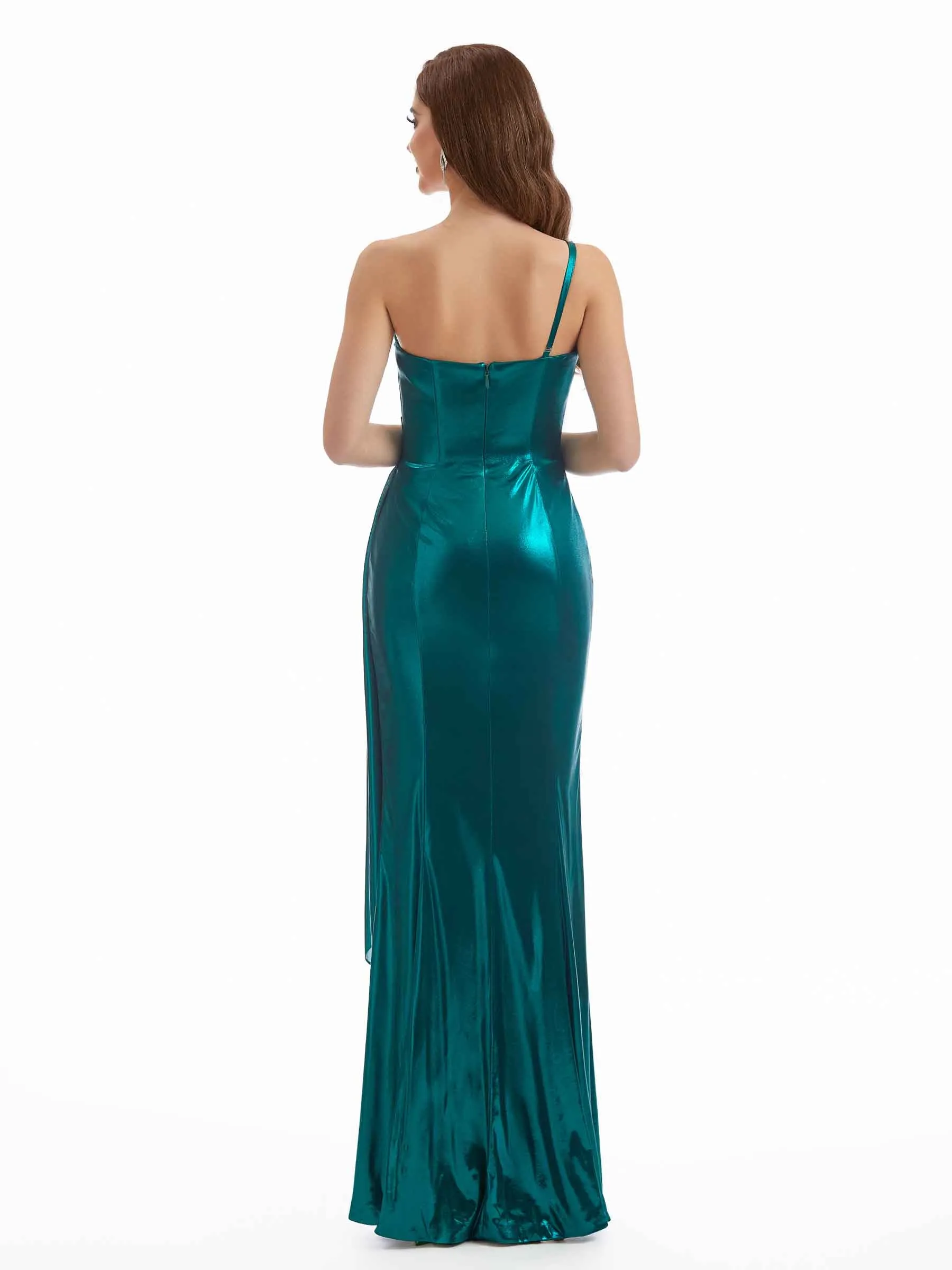Elegant Side Slit One Shoulder Pleated Metallic Stretch Shiny Maxi Mermaid Dresses Online sold by ChicSew product image thumbnail 3