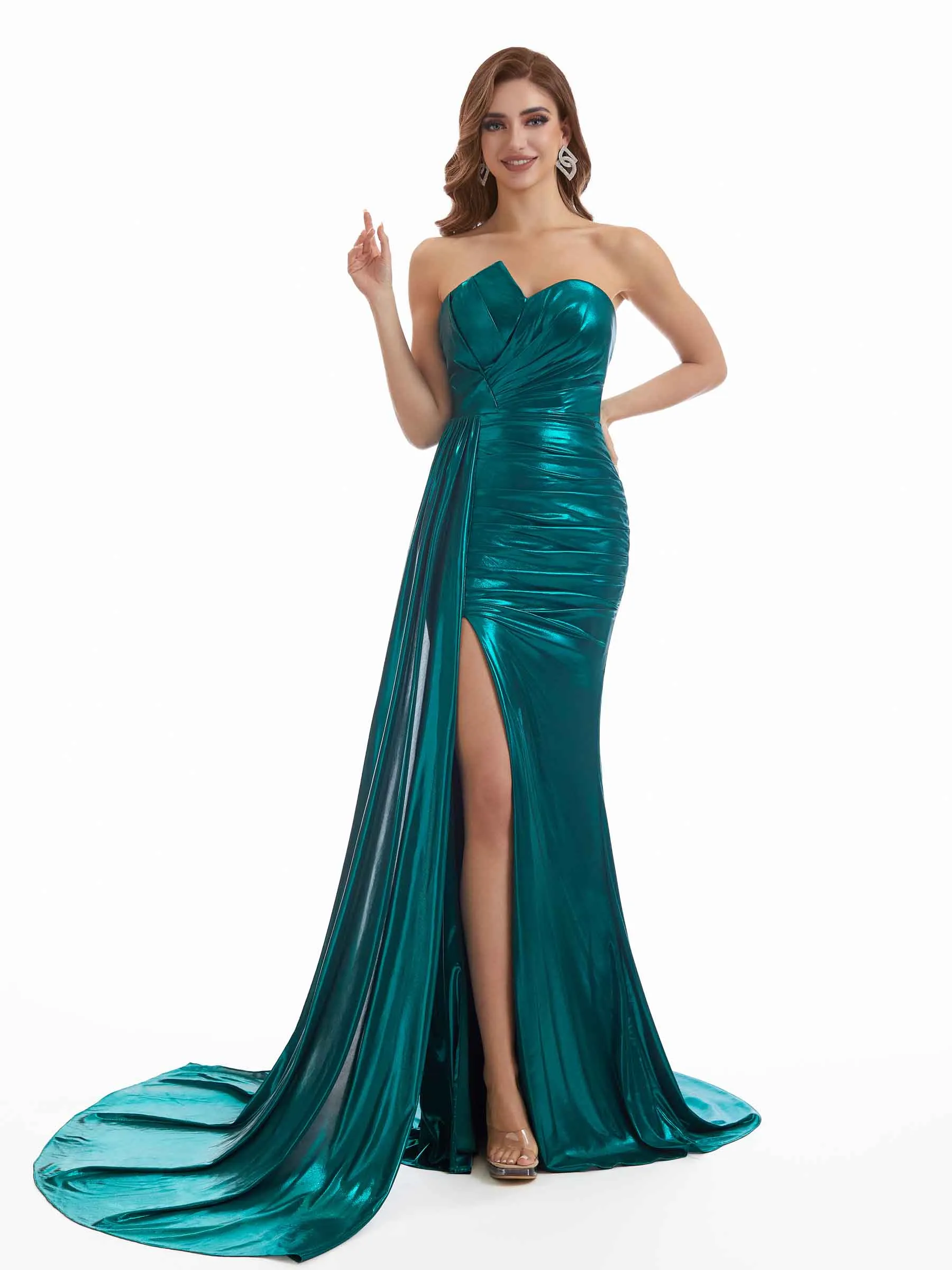 Sexy Side Slit Mermaid Asymmetric Neckline Pleated Metallic Long Dresses Online sold by ChicSew product image thumbnail 5