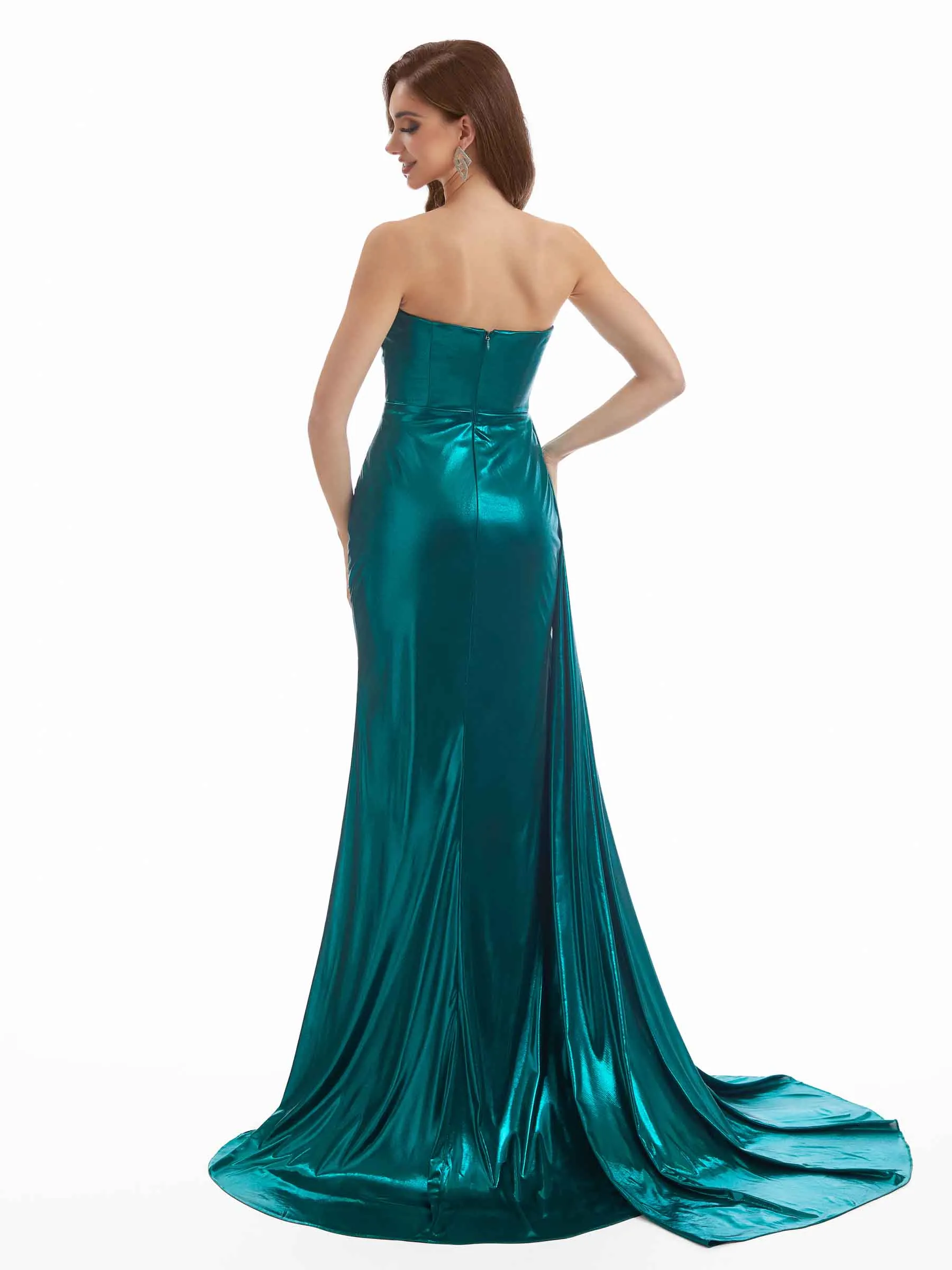 Sexy Side Slit Mermaid Asymmetric Neckline Pleated Metallic Long Dresses Online sold by ChicSew product image thumbnail 3
