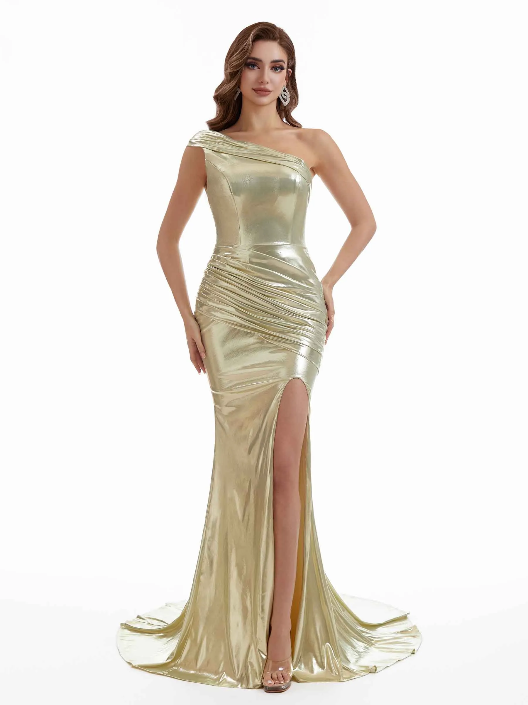 Sexy One Shoulder Side Slit Mermaid Ruched Metallic Long Dresses Online sold by ChicSew product image thumbnail 5