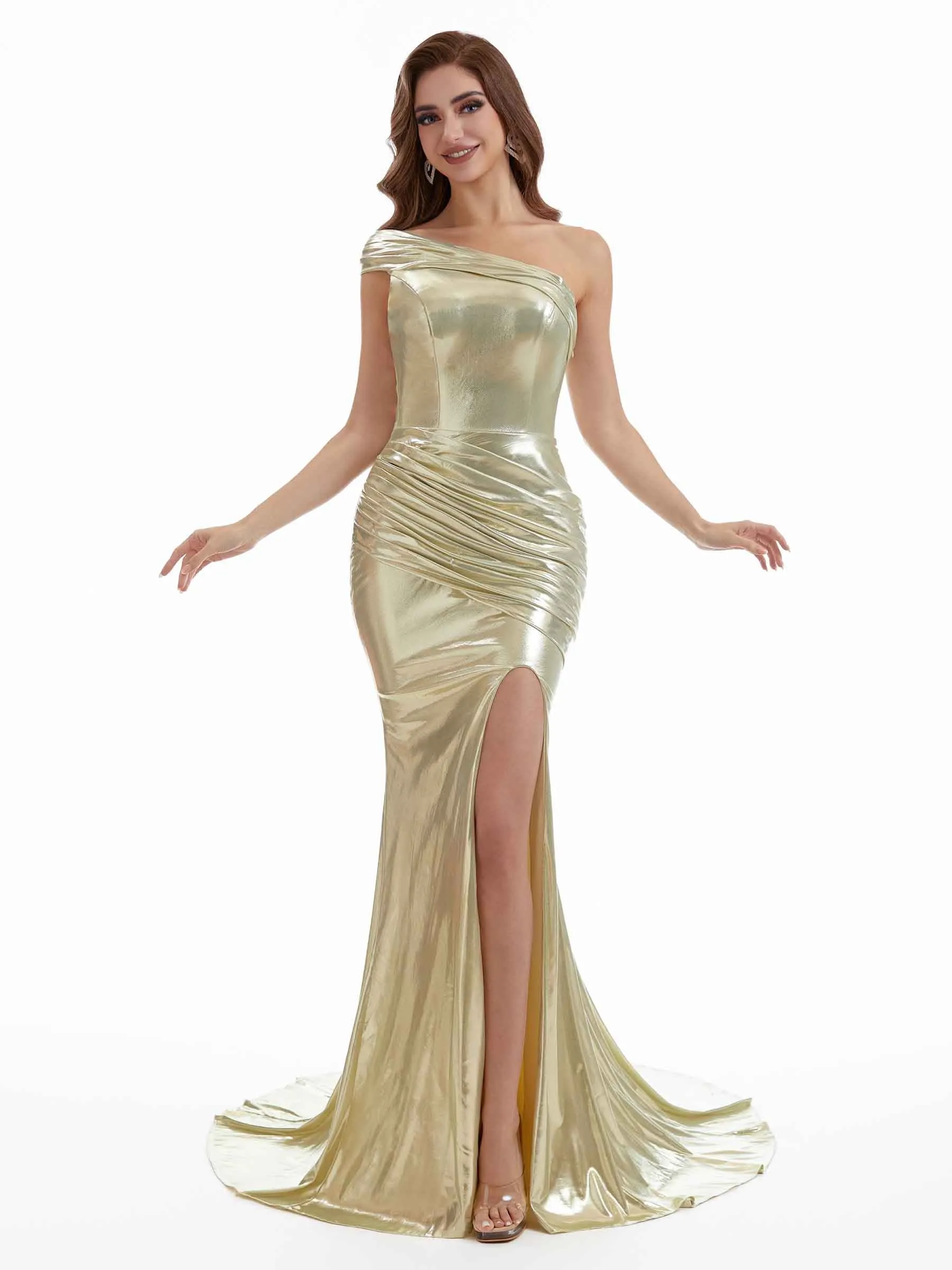 Sexy One Shoulder Side Slit Mermaid Ruched Metallic Long Dresses Online sold by ChicSew