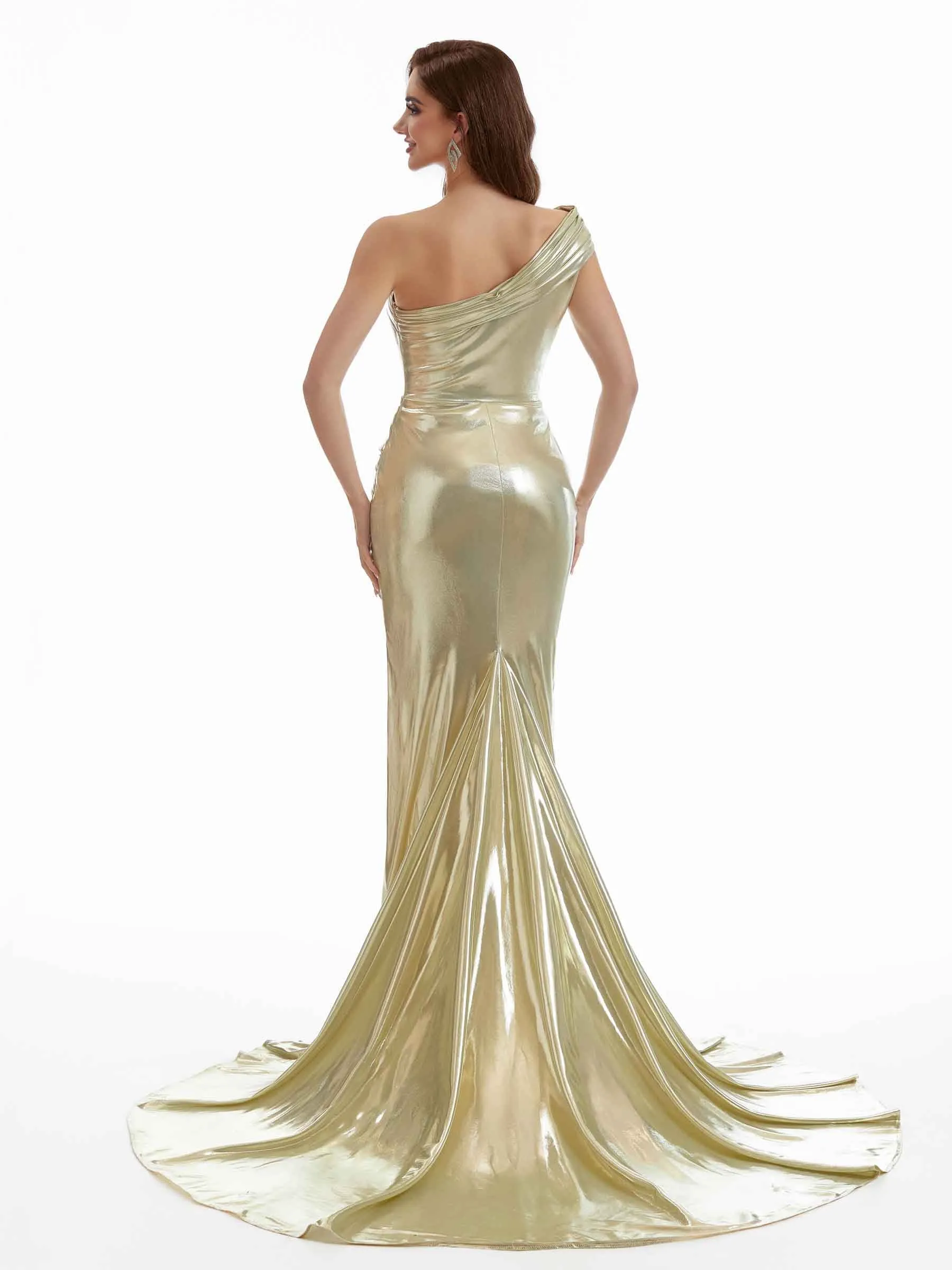 Sexy One Shoulder Side Slit Mermaid Ruched Metallic Long Dresses Online sold by ChicSew product image thumbnail 3