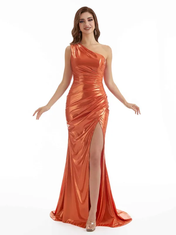 Sexy Side Split One Shoulder Pleated Metallic Long Dresses Online sold by ChicSew