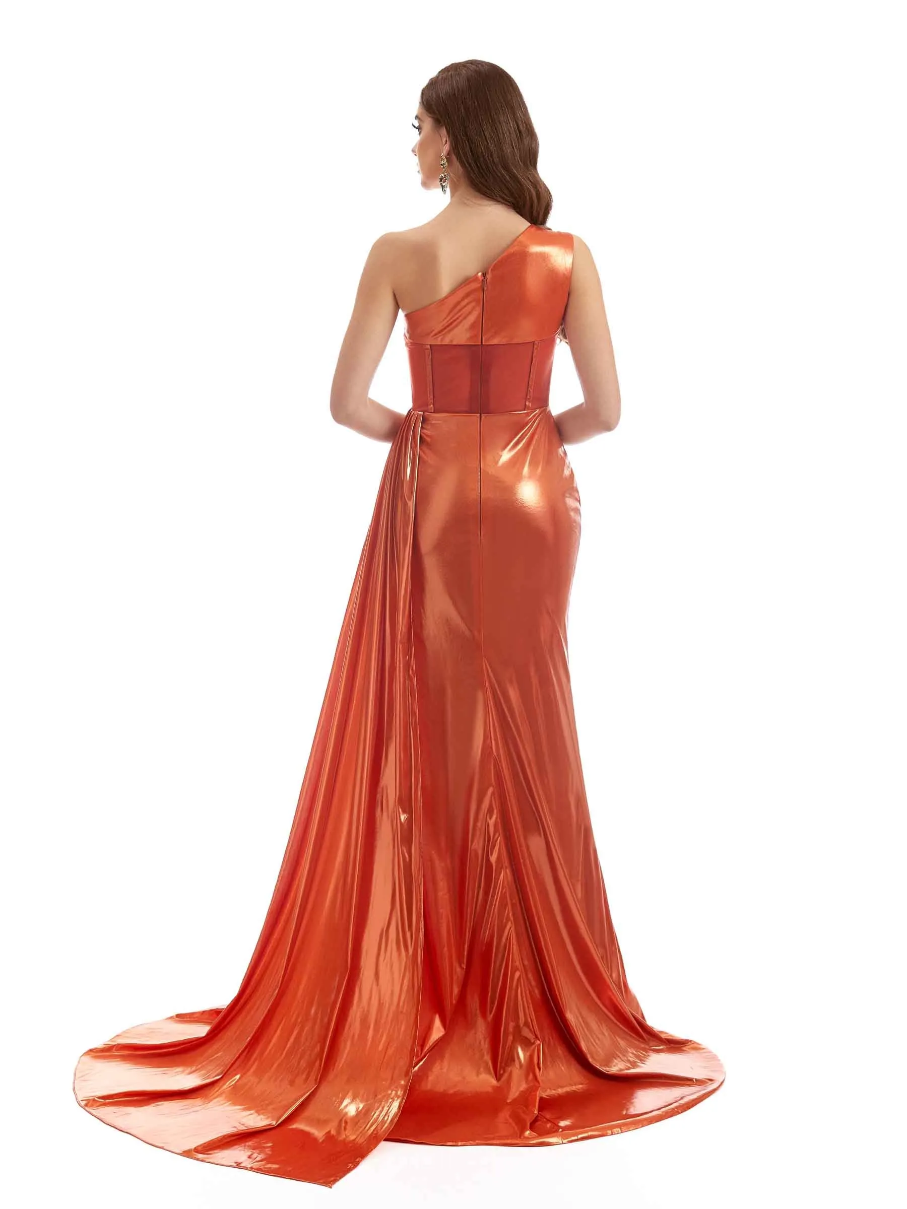 Sexy Side Slit One Shoulder Sparkly Liquid Metallic Long Mermaid Dresses Online sold by ChicSew product image thumbnail 3