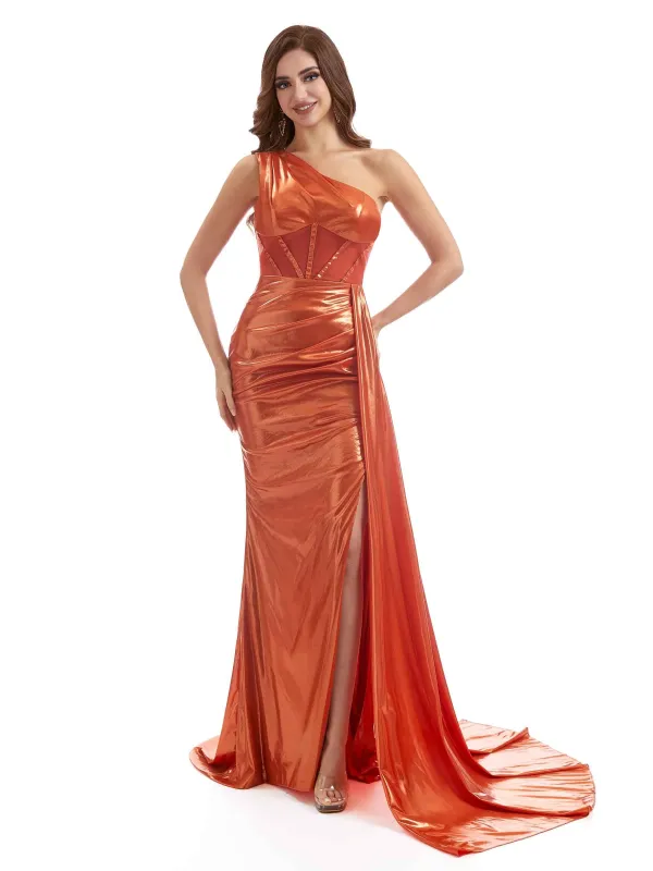 Sexy Side Slit One Shoulder Sparkly Liquid Metallic Long Mermaid Dresses Online sold by ChicSew