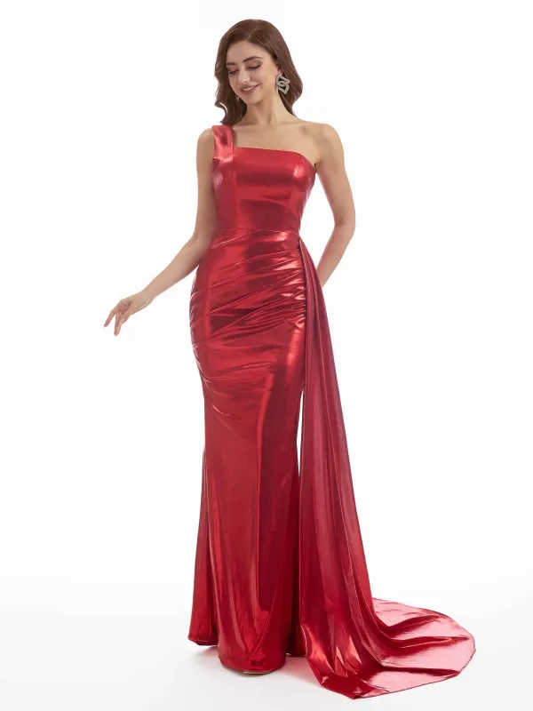 Sexy Mermaid One Shoulder Women Metallic Stretch Shiny Long Dresses Online sold by ChicSew