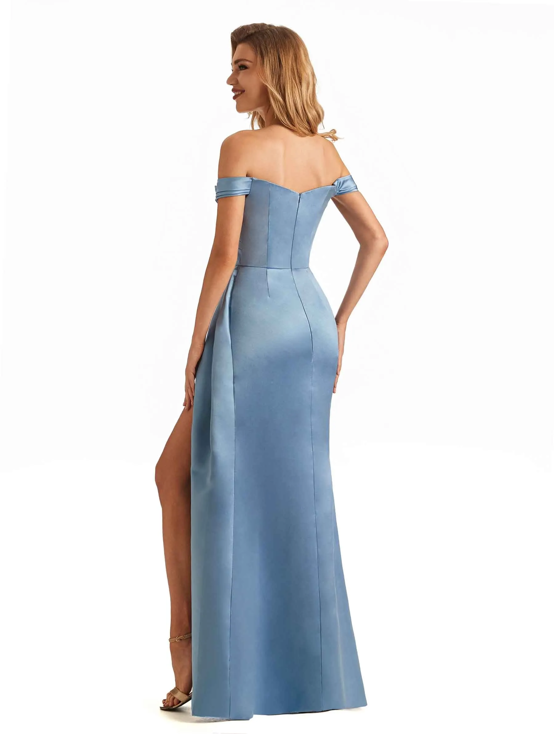 Trendy Off The Shoulder Beaded Soft Satin Mermaid Long Evening Dresses Side Slit sold by ChicSew product image thumbnail 5