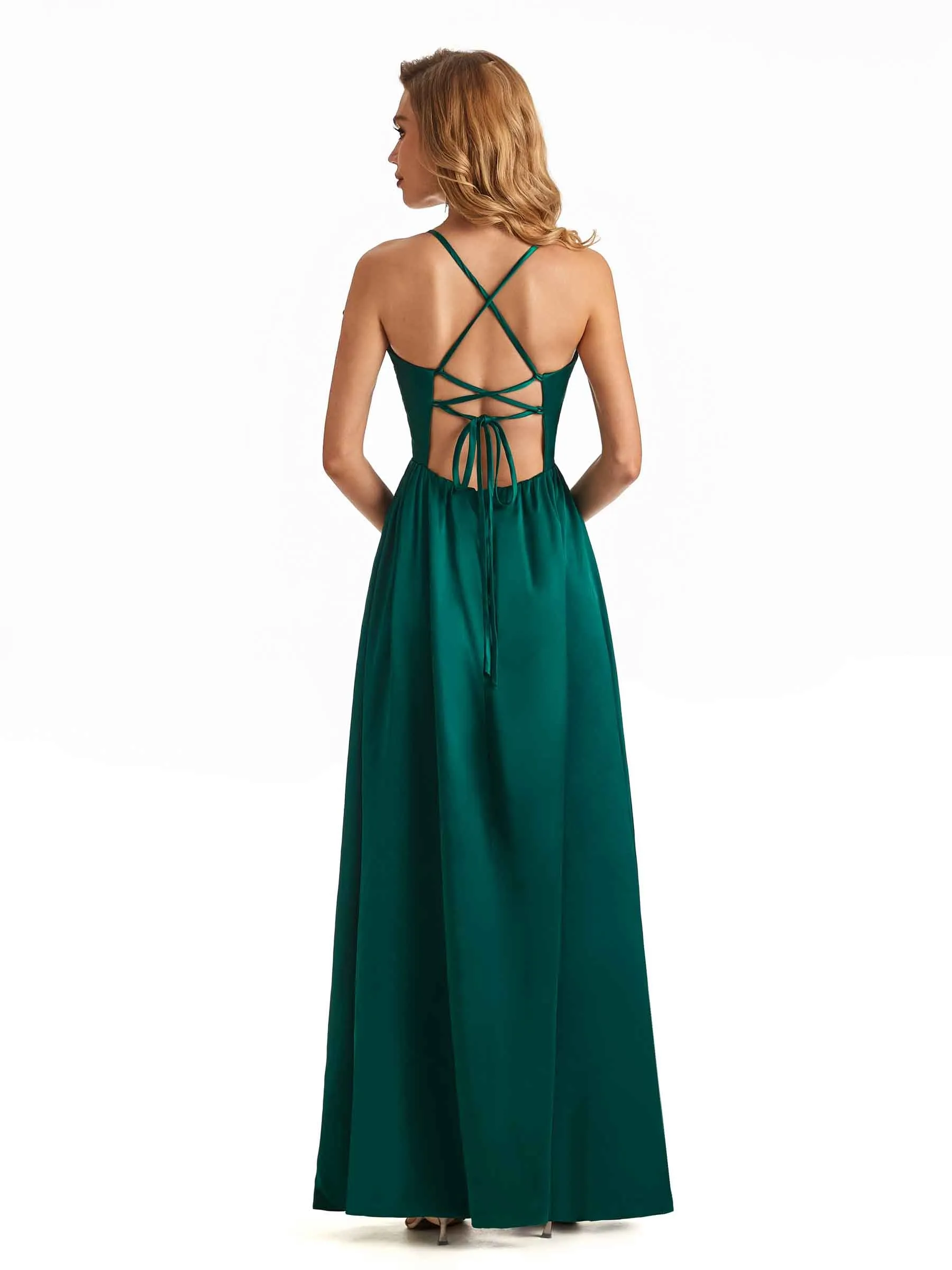 Sexy Side Slit Twisted Knot High Waist Ruched Satin A-line Long Formal Evening Dresses sold by ChicSew product image thumbnail 3