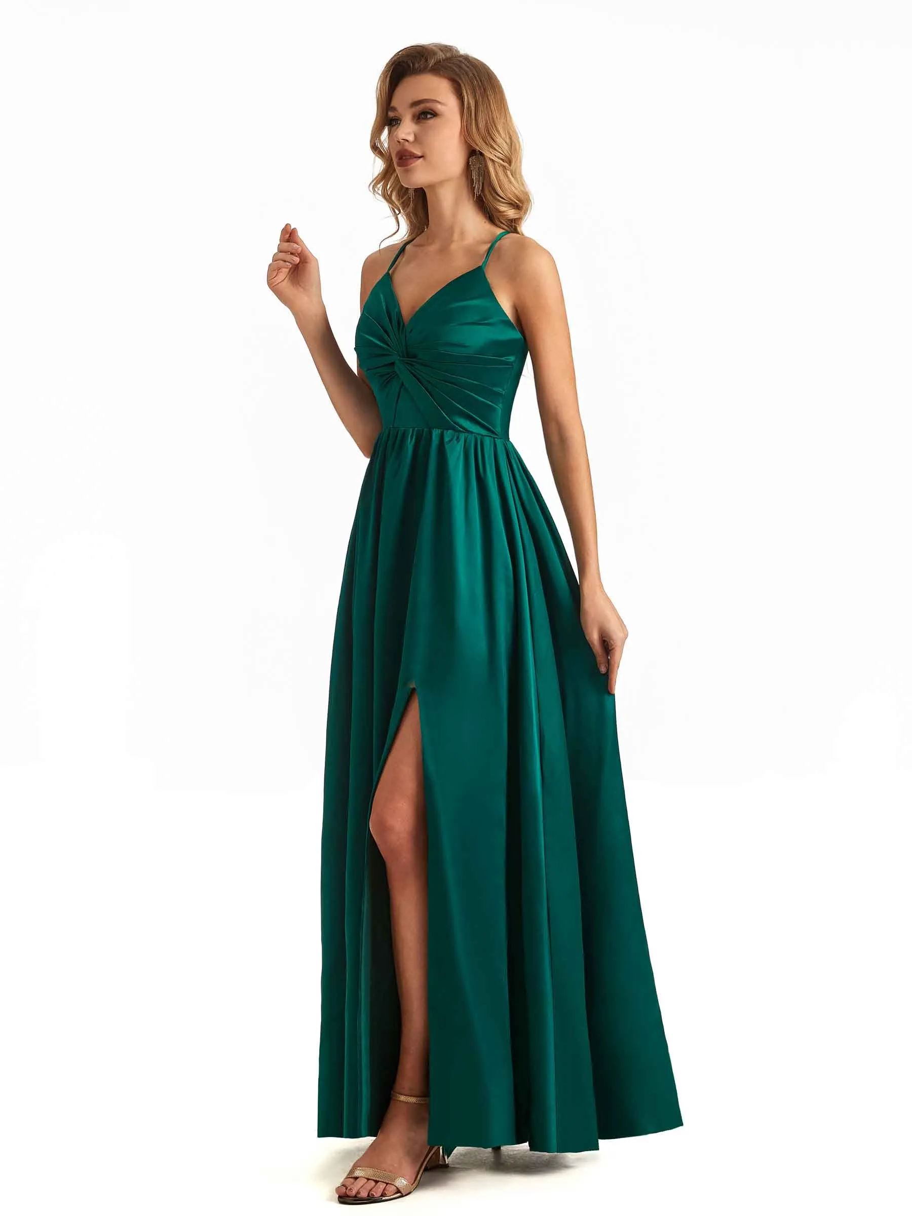 Sexy Side Slit Twisted Knot High Waist Ruched Satin A-line Long Formal Evening Dresses sold by ChicSew product image thumbnail 5