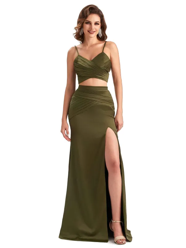 Sexy Two Pieces Side Slit Mermaid Silky Satin Unique Long Formal Evening Dresses sold by ChicSew