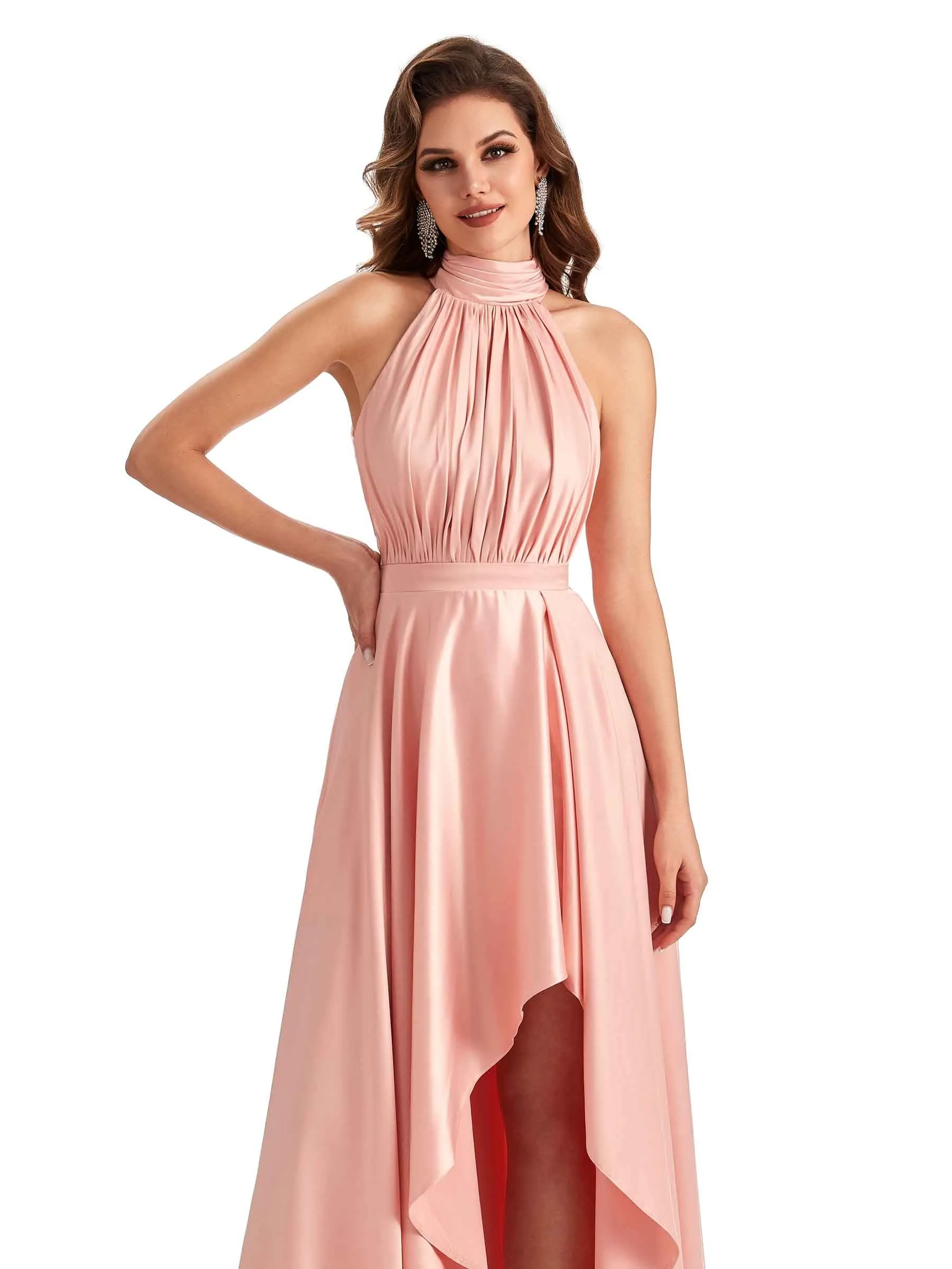 Soft Satin High Neck High Low A-line Unique Wedding Guest Dresses sold by ChicSew product image thumbnail 2