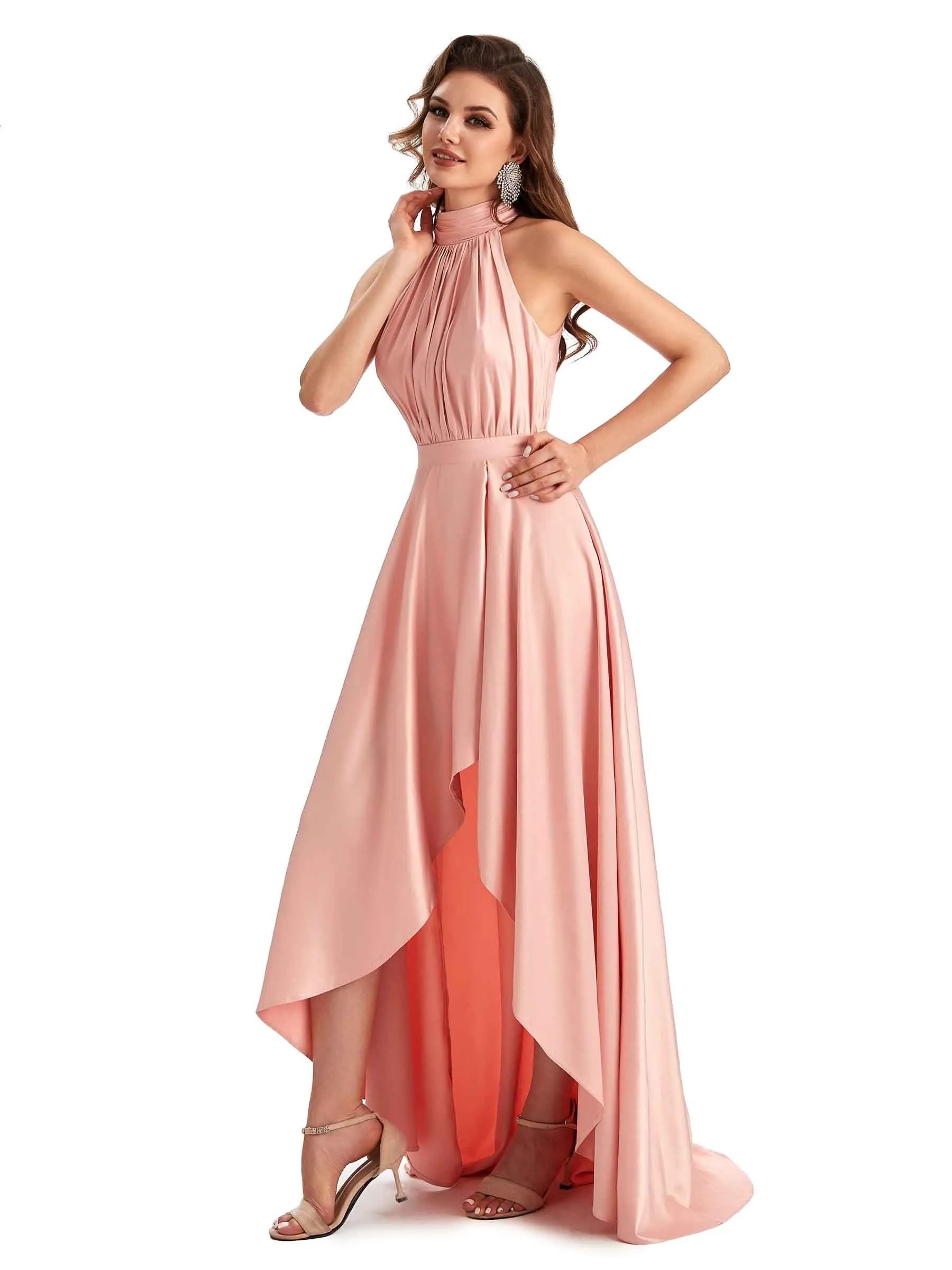Soft Satin High Neck High Low A-line Unique Wedding Guest Dresses sold by ChicSew product image thumbnail 4