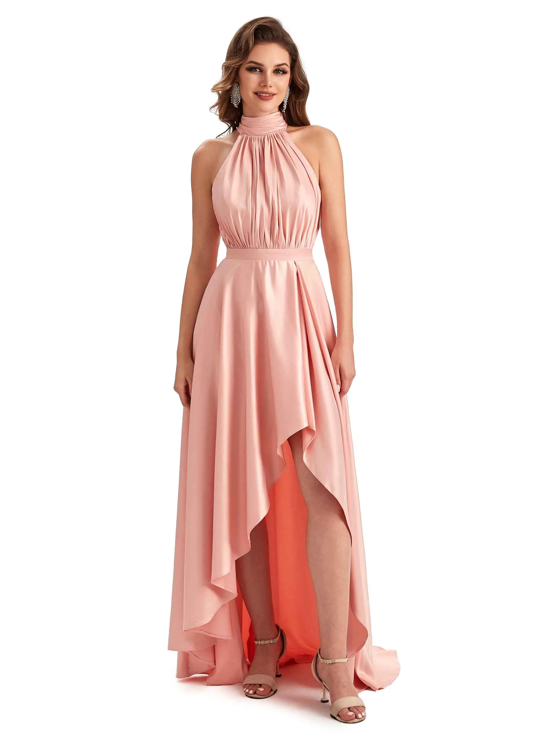 Soft Satin High Neck High Low A-line Unique Wedding Guest Dresses sold by ChicSew