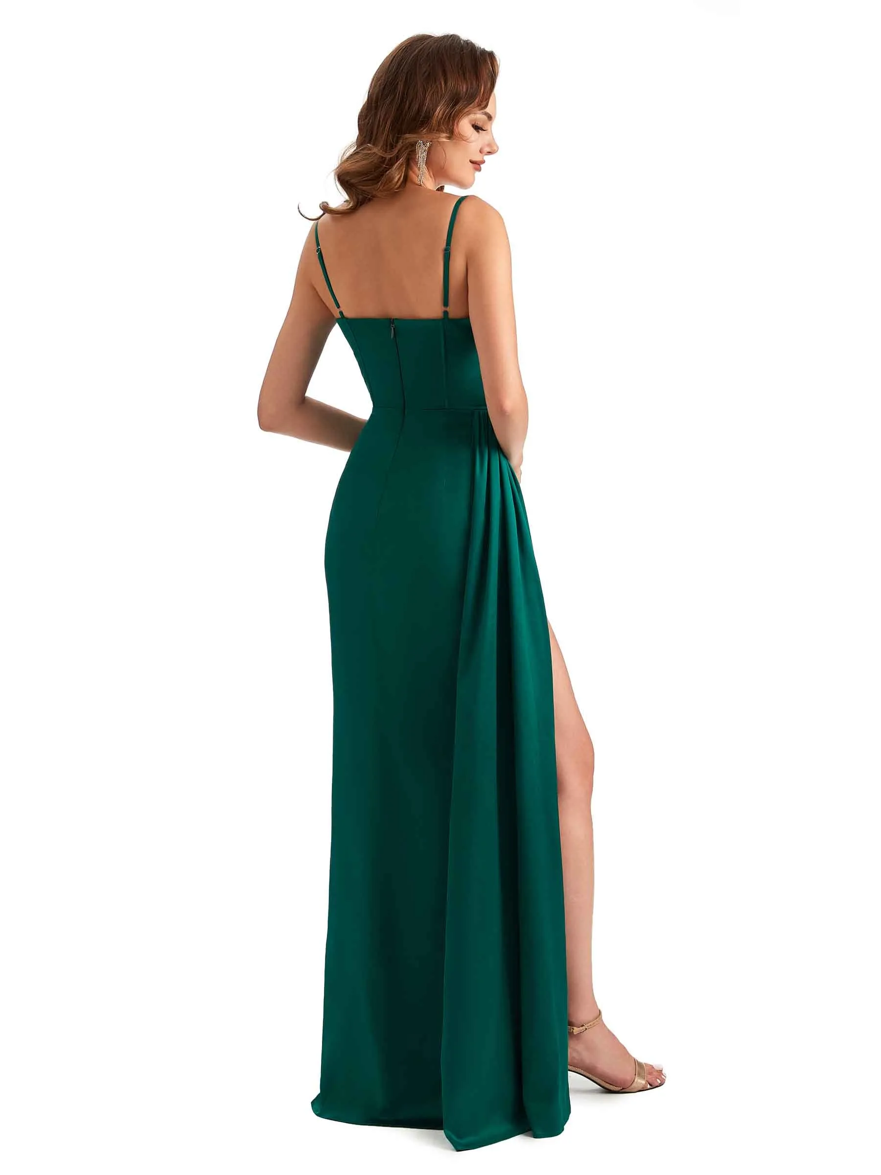 Sexy Side Slit Mermaid Silky Satin Spaghetti Straps Unique Wedding Guest Dresses sold by ChicSew product image thumbnail 5