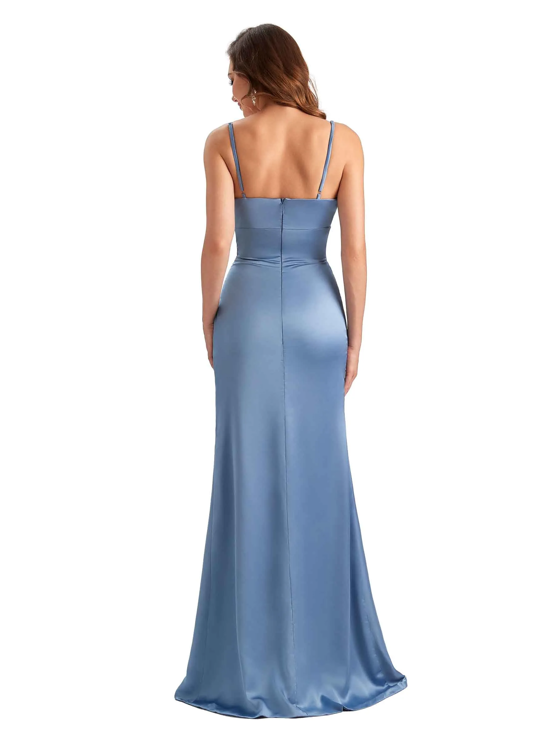 Soft Satin Cowl Neck Side Slit Spaghetti Straps Sexy Wedding Guest Dresses sold by ChicSew product image thumbnail 3