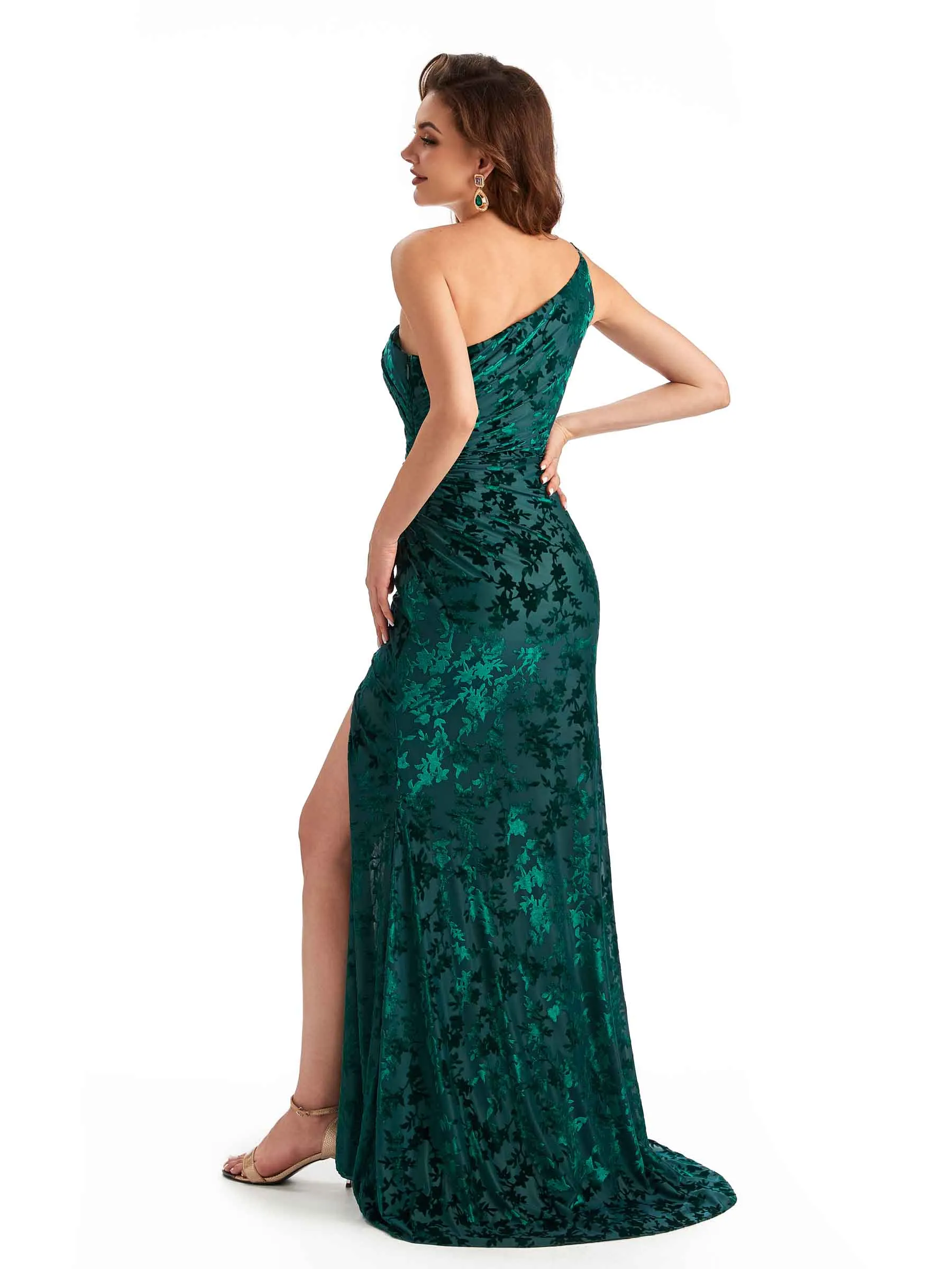 Sexy One Shoulder Side Slit Mermaid Floral Velvet Long Wedding Guest Dresses sold by ChicSew product image thumbnail 5