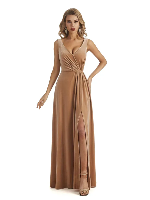 Elegant Velvet V-neck Unique Long Wedding Guest Dresses For Women sold by ChicSew