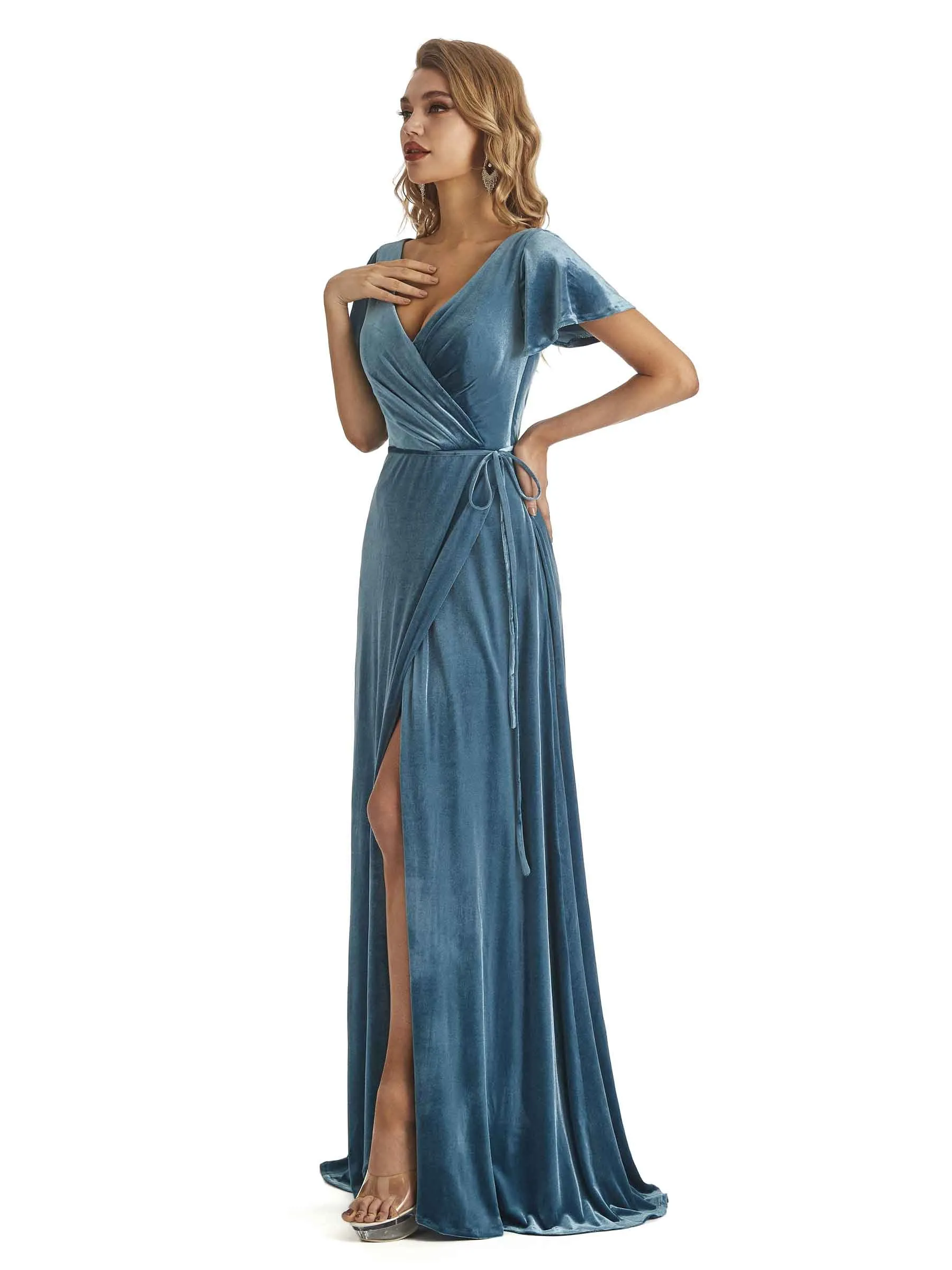 Elegent V-neck Short Sleeves Winter Velvet Long Wedding Guest Dresses sold by ChicSew product image thumbnail 4