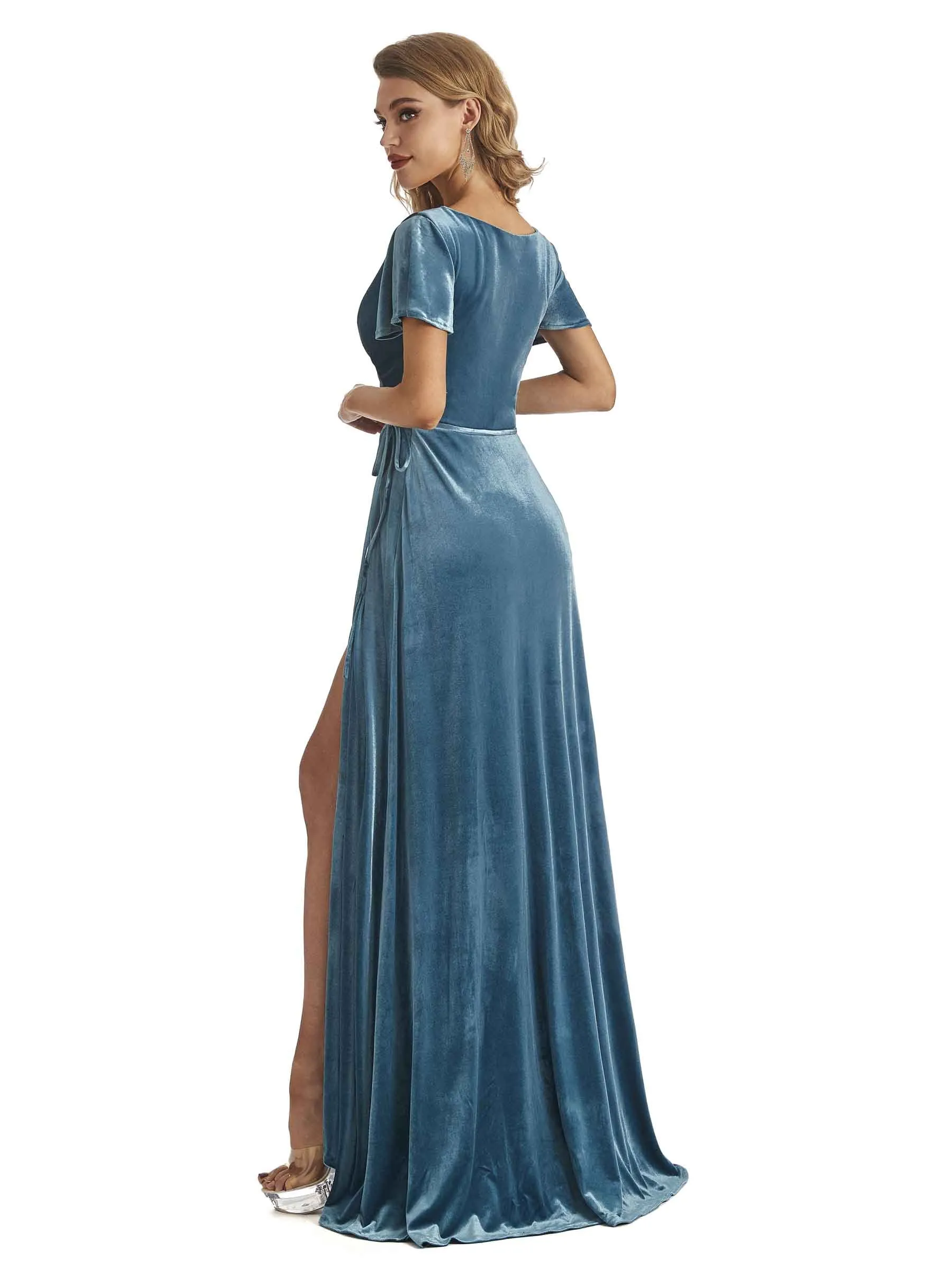 Elegent V-neck Short Sleeves Winter Velvet Long Wedding Guest Dresses sold by ChicSew product image thumbnail 5