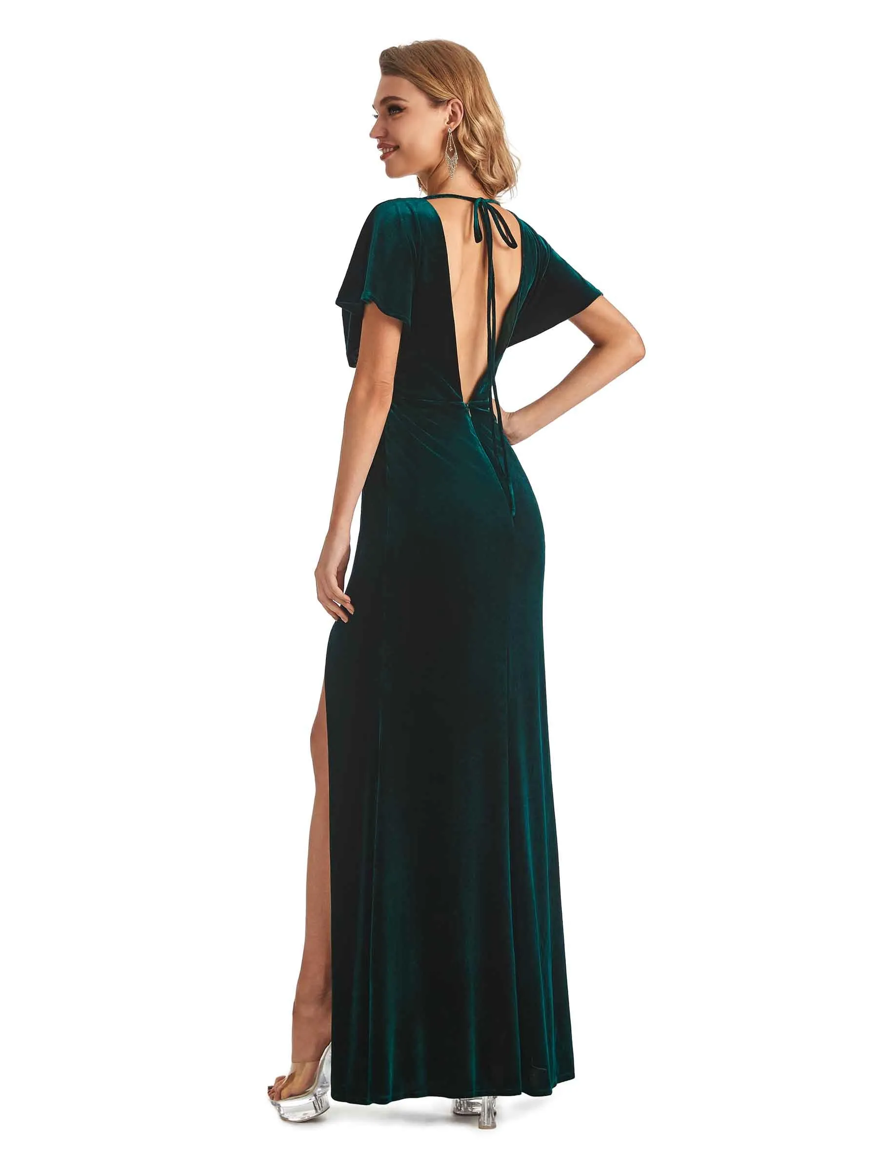 Elegant Mermaid V-Neck Flutter Sleeves Side Slit Velvet Long Wedding Guest Dresses sold by ChicSew product image thumbnail 5