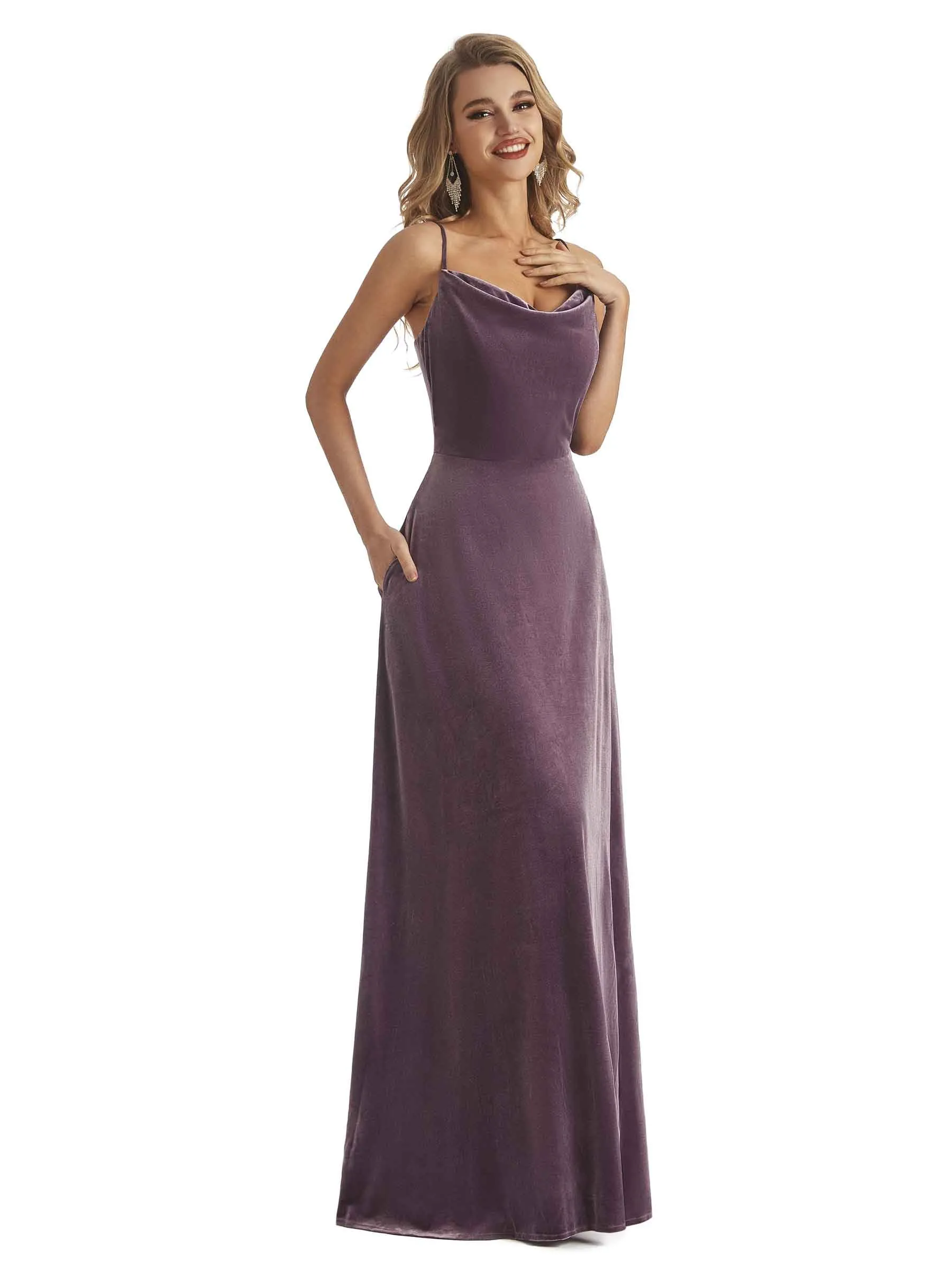 Elegant Mermaid Cowl Neck Spaghetti Straps Velvet Long Wedding Guest Dresses With Pocket sold by ChicSew product image thumbnail 4