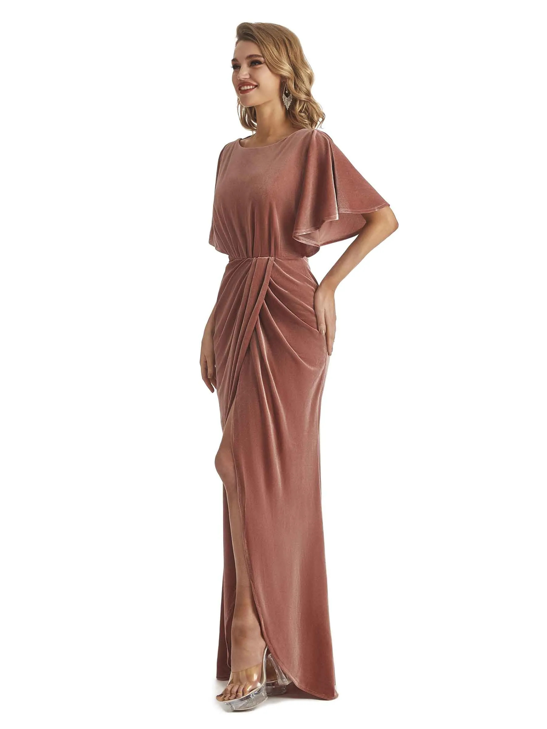 Elegant Mermaid Bat Sleeves Front Slit Velvet Long Wedding Guest Dresses sold by ChicSew product image thumbnail 4