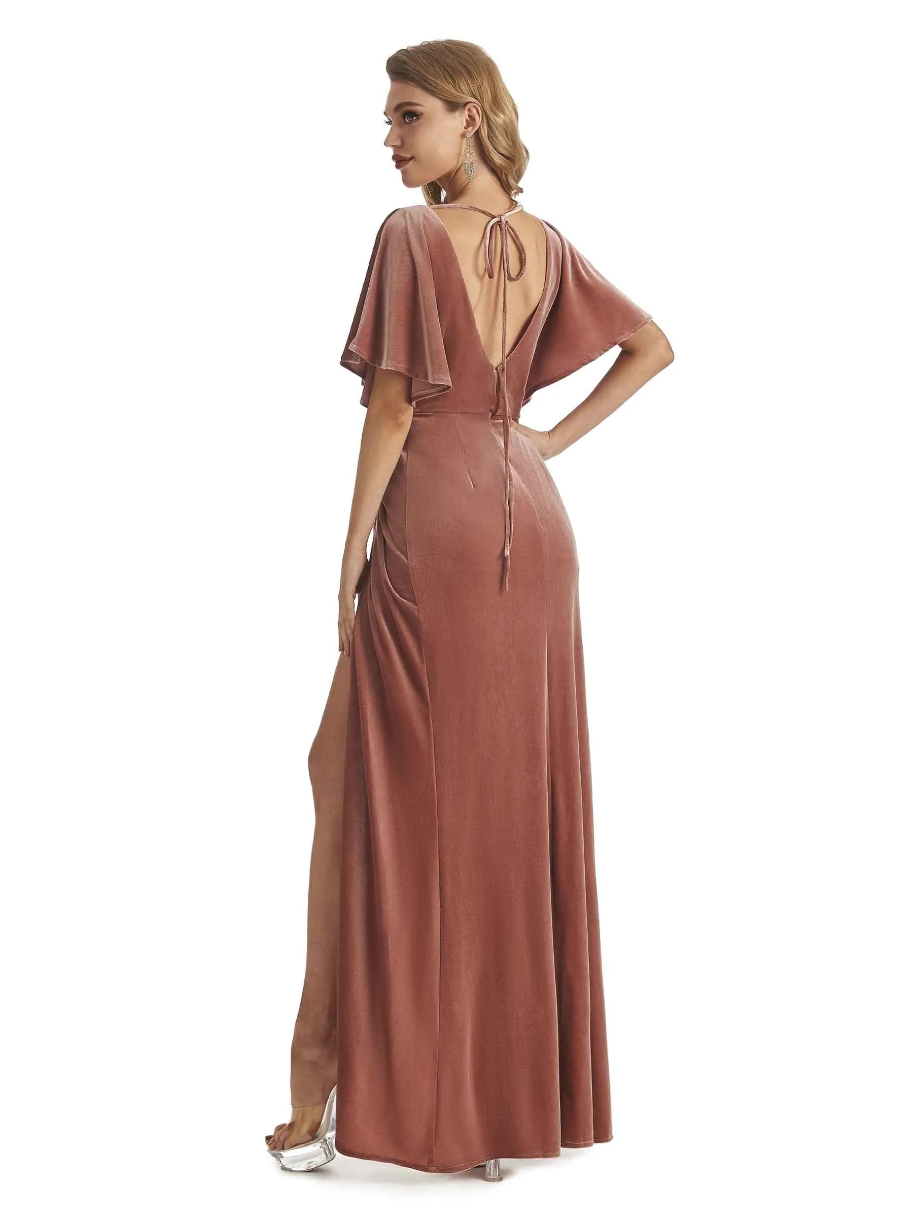 Elegant Mermaid Bat Sleeves Front Slit Velvet Long Wedding Guest Dresses sold by ChicSew product image thumbnail 5