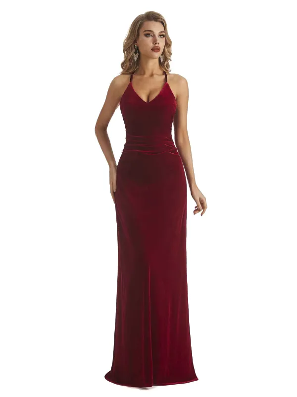 Elegant Mermaid V-neck Halter Velvet Long Party Wedding Guest Dresses sold by ChicSew