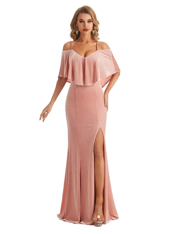 Elegant Mermaid Cold Shoulder Velvet Winter Long Wedding Guest Dresses sold by ChicSew