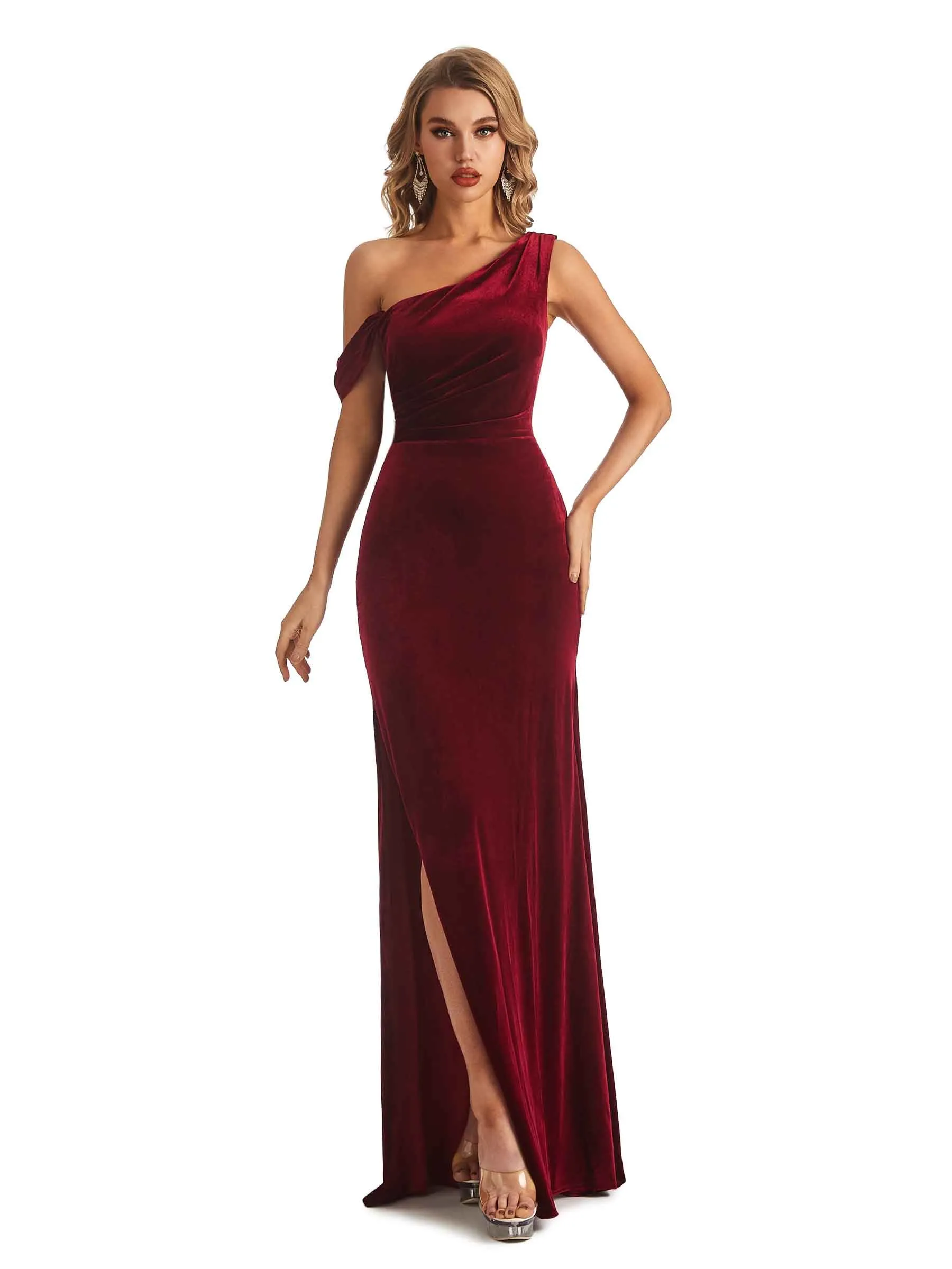Elegant Mermaid Asymmetrical Side Slit Velvet Long Wedding Guest Dresses sold by ChicSew product image thumbnail 4