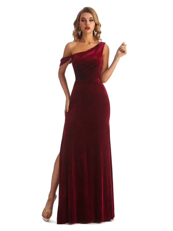 Elegant Mermaid Asymmetrical Side Slit Velvet Long Wedding Guest Dresses sold by ChicSew