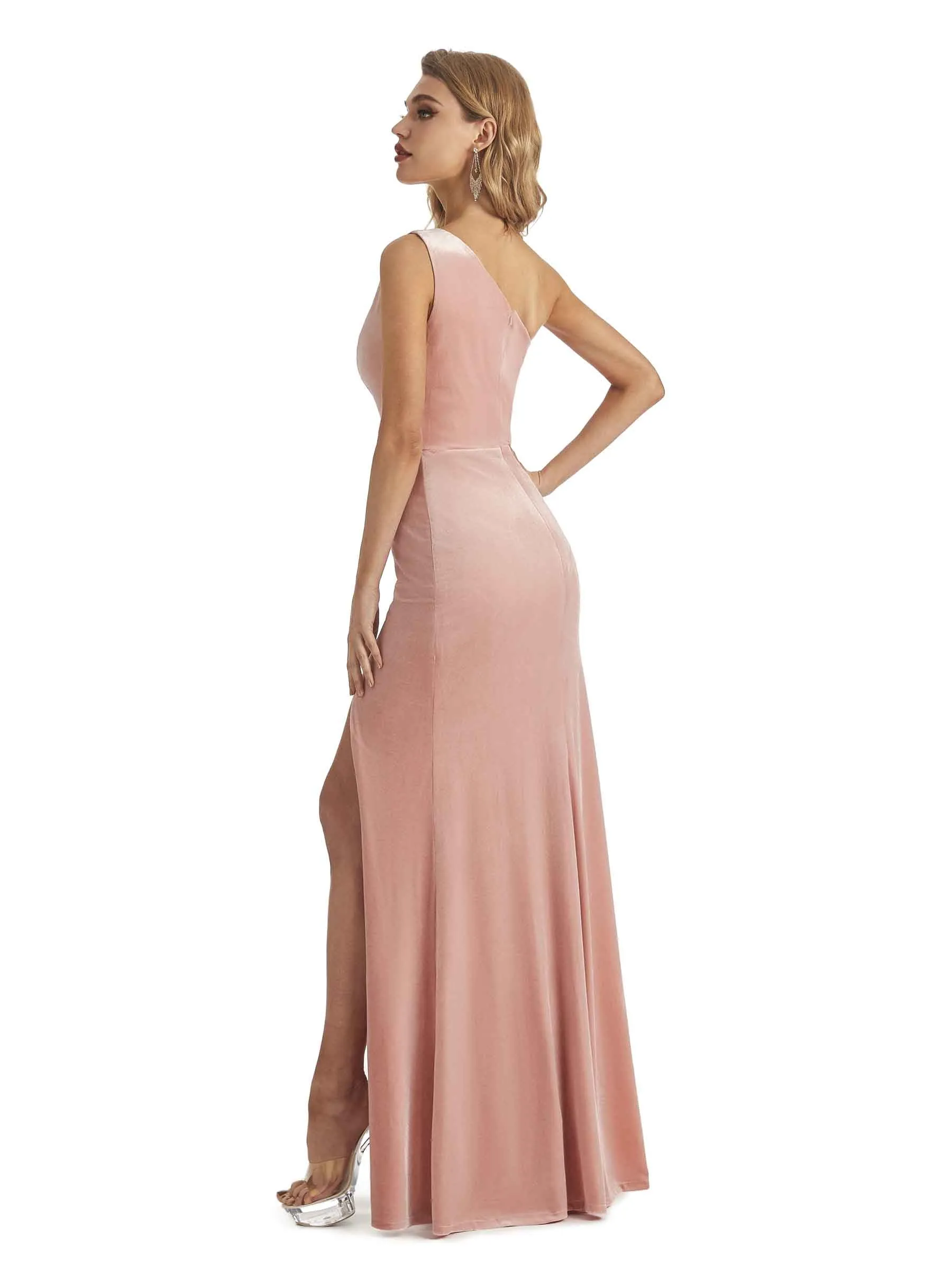Elegant Mermaid One Shoulder Unique Velvet Side Slit Long Wedding Guest Dresses sold by ChicSew product image thumbnail 5