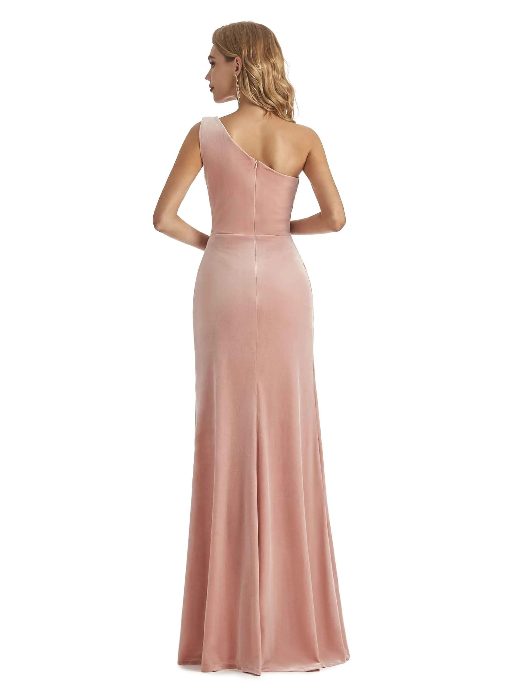 Elegant Mermaid One Shoulder Unique Velvet Side Slit Long Wedding Guest Dresses sold by ChicSew product image thumbnail 3