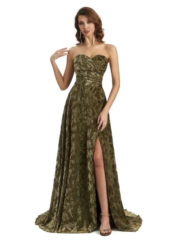 Sexy Side Slit Strapless Floral Burnout Velvet Sweetheart Long Wedding Guest Dresses sold by ChicSew