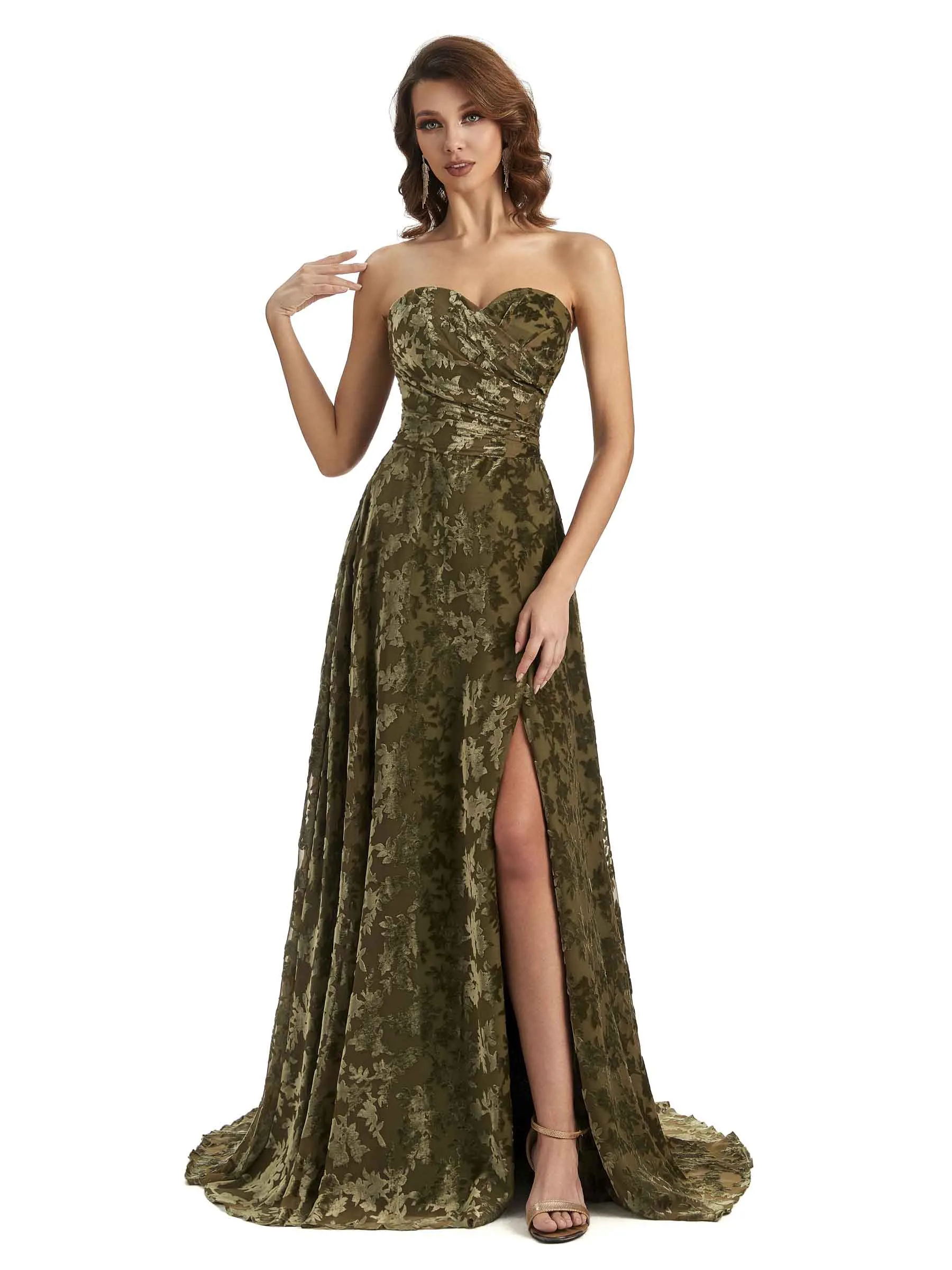 Sexy Side Slit Strapless Floral Burnout Velvet Sweetheart Long Wedding Guest Dresses sold by ChicSew