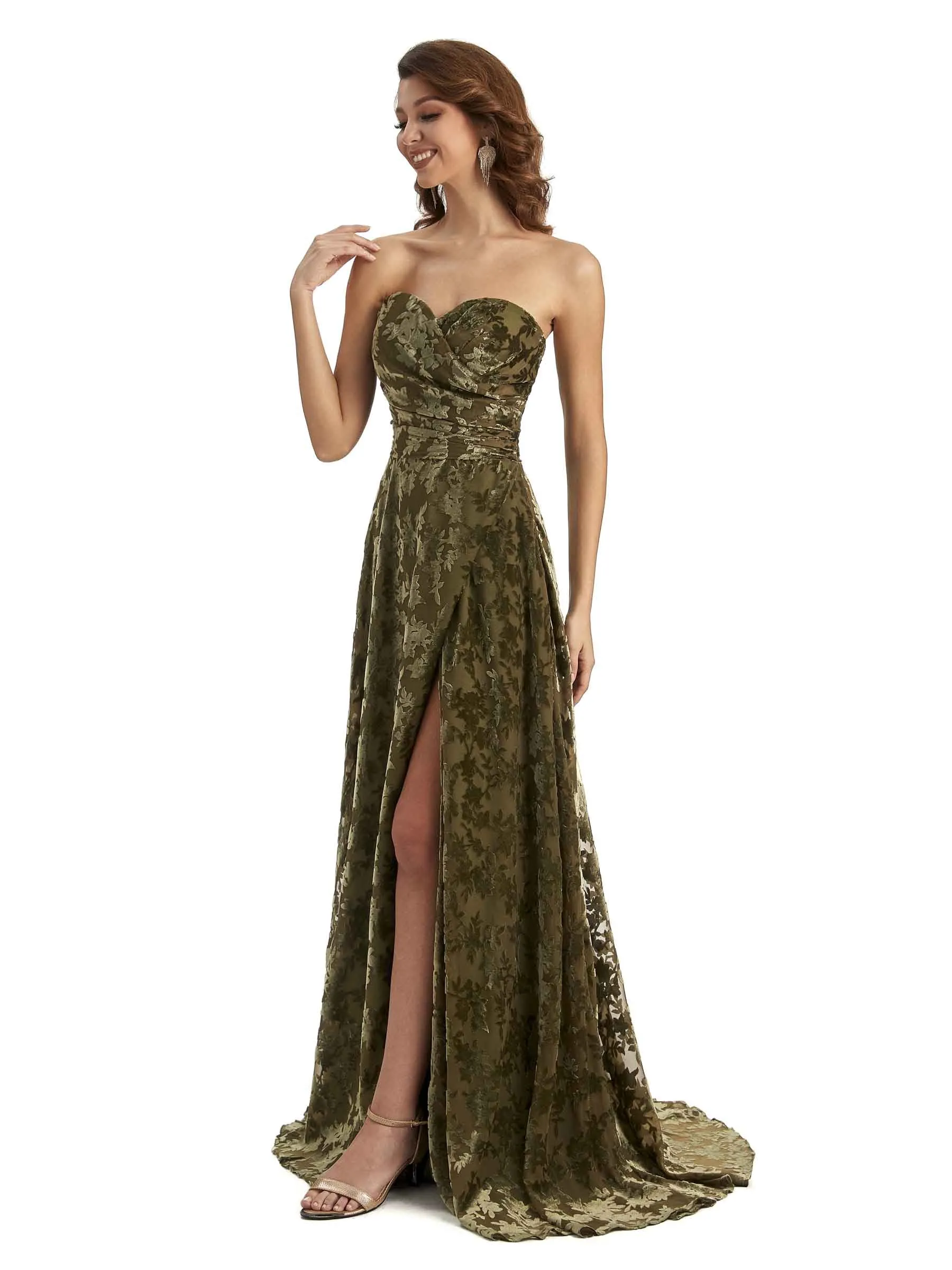Sexy Side Slit Strapless Floral Burnout Velvet Sweetheart Long Wedding Guest Dresses sold by ChicSew product image thumbnail 4