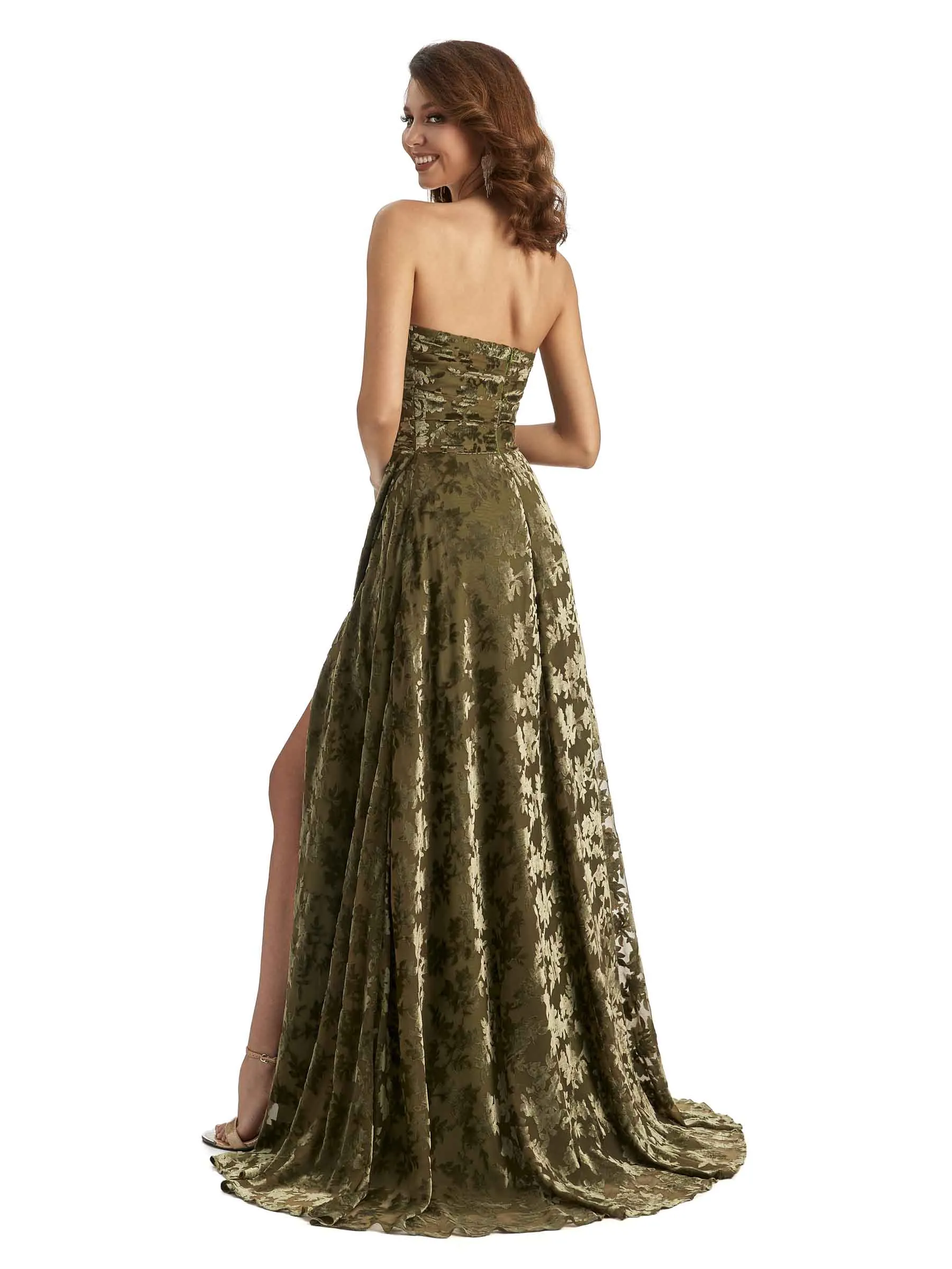 Sexy Side Slit Strapless Floral Burnout Velvet Sweetheart Long Wedding Guest Dresses sold by ChicSew product image thumbnail 5