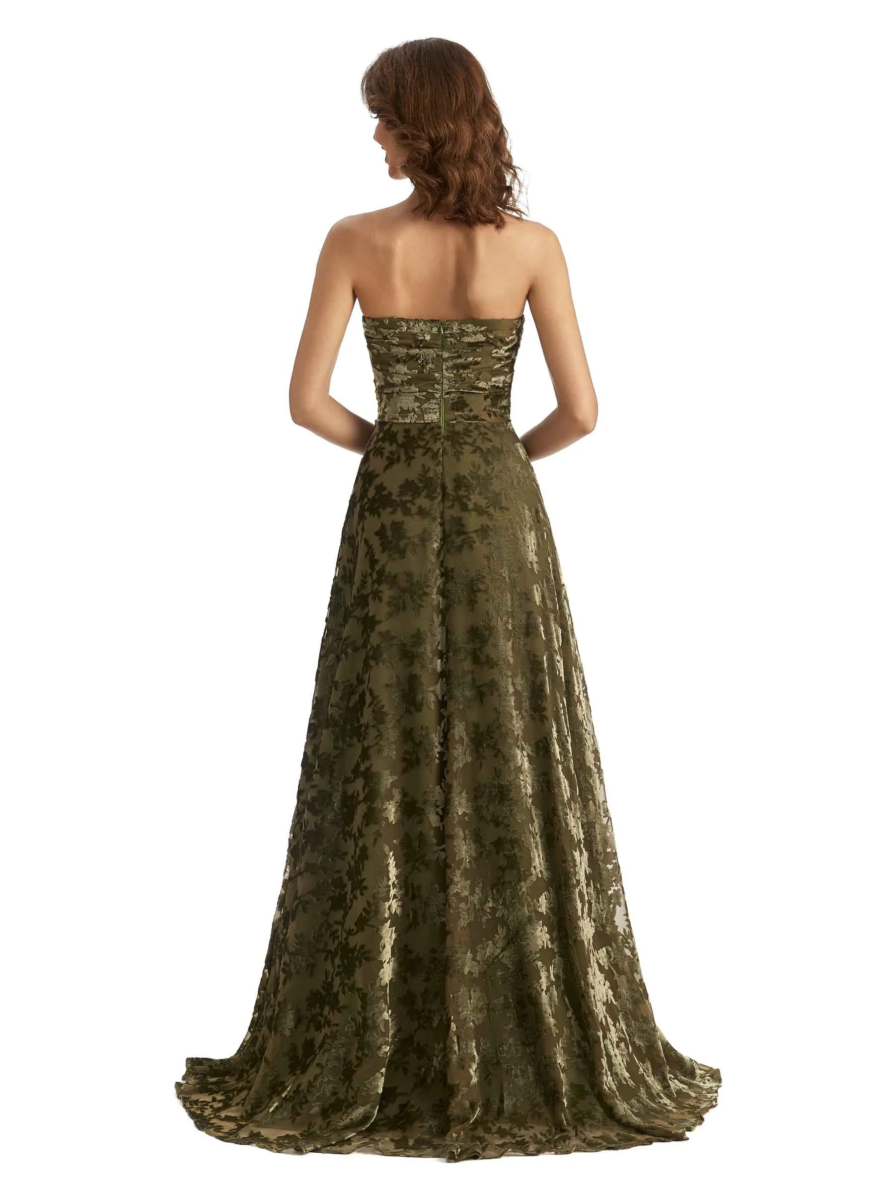 Sexy Side Slit Strapless Floral Burnout Velvet Sweetheart Long Wedding Guest Dresses sold by ChicSew product image thumbnail 3