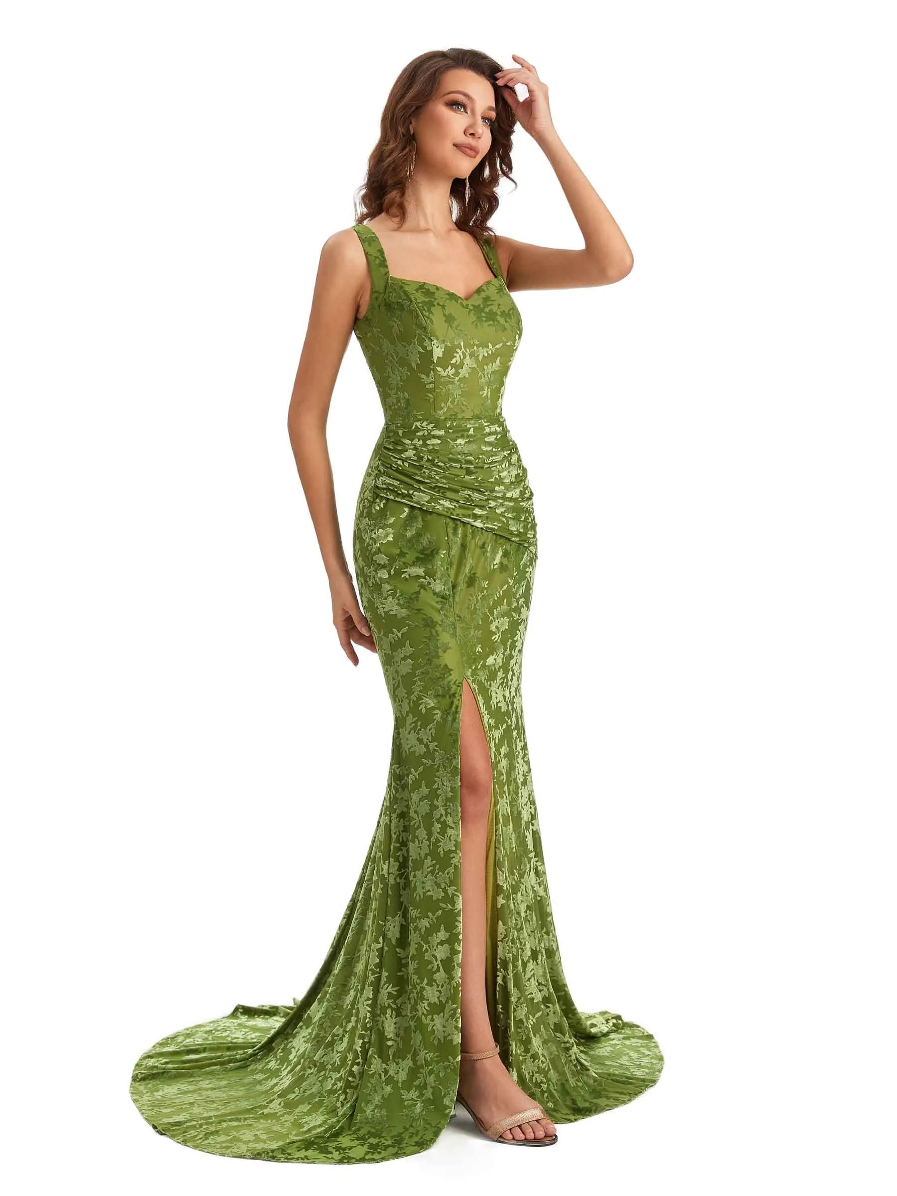 Sexy Side Slit Mermaid Floral Burntout Velvet Long Wedding Guest Dresses sold by ChicSew product image thumbnail 4