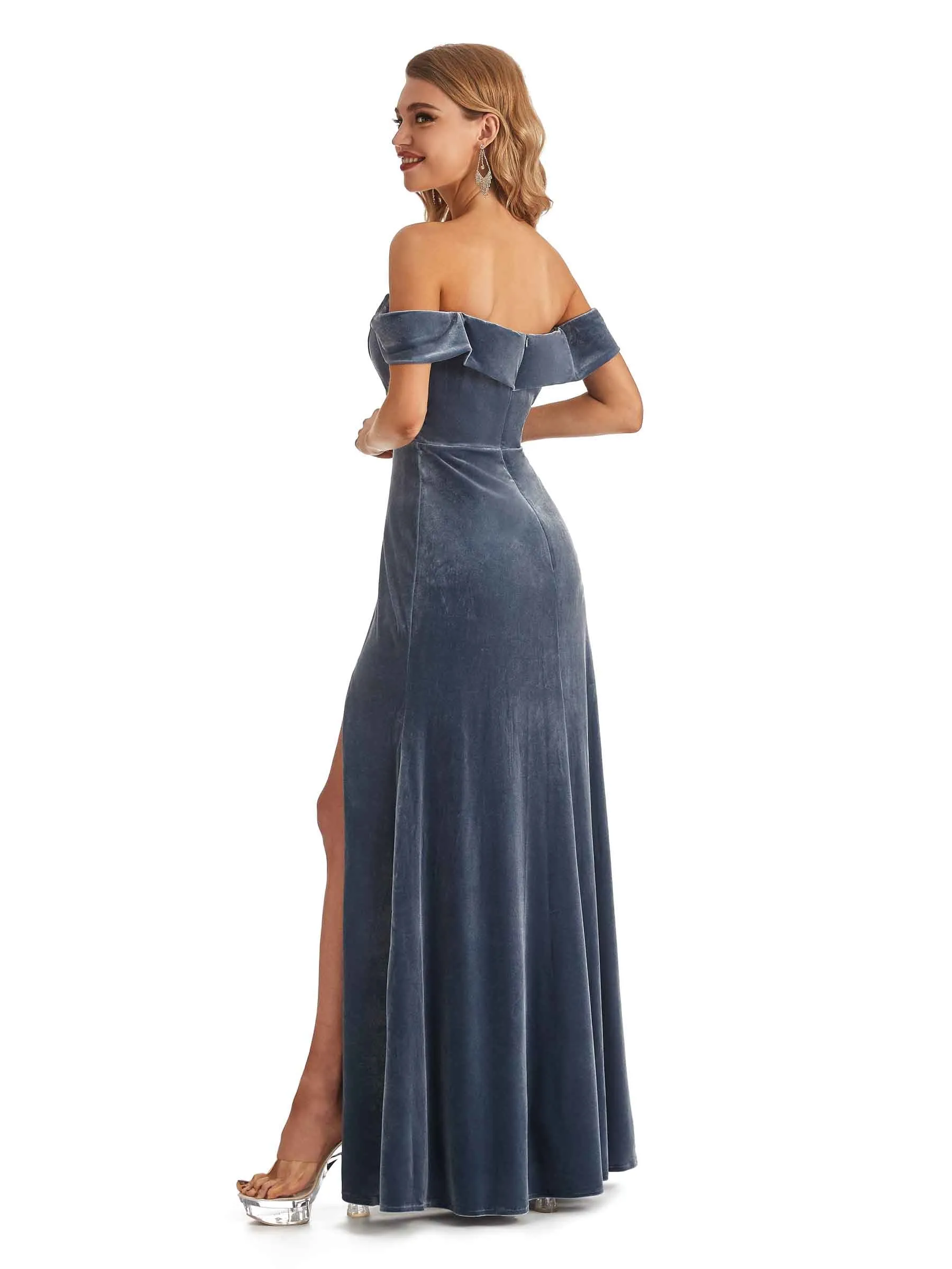 Elegant Mermaid Off the Shoulder Backless Velvet Long Wedding Guest Dresses Side Slit sold by ChicSew product image thumbnail 5