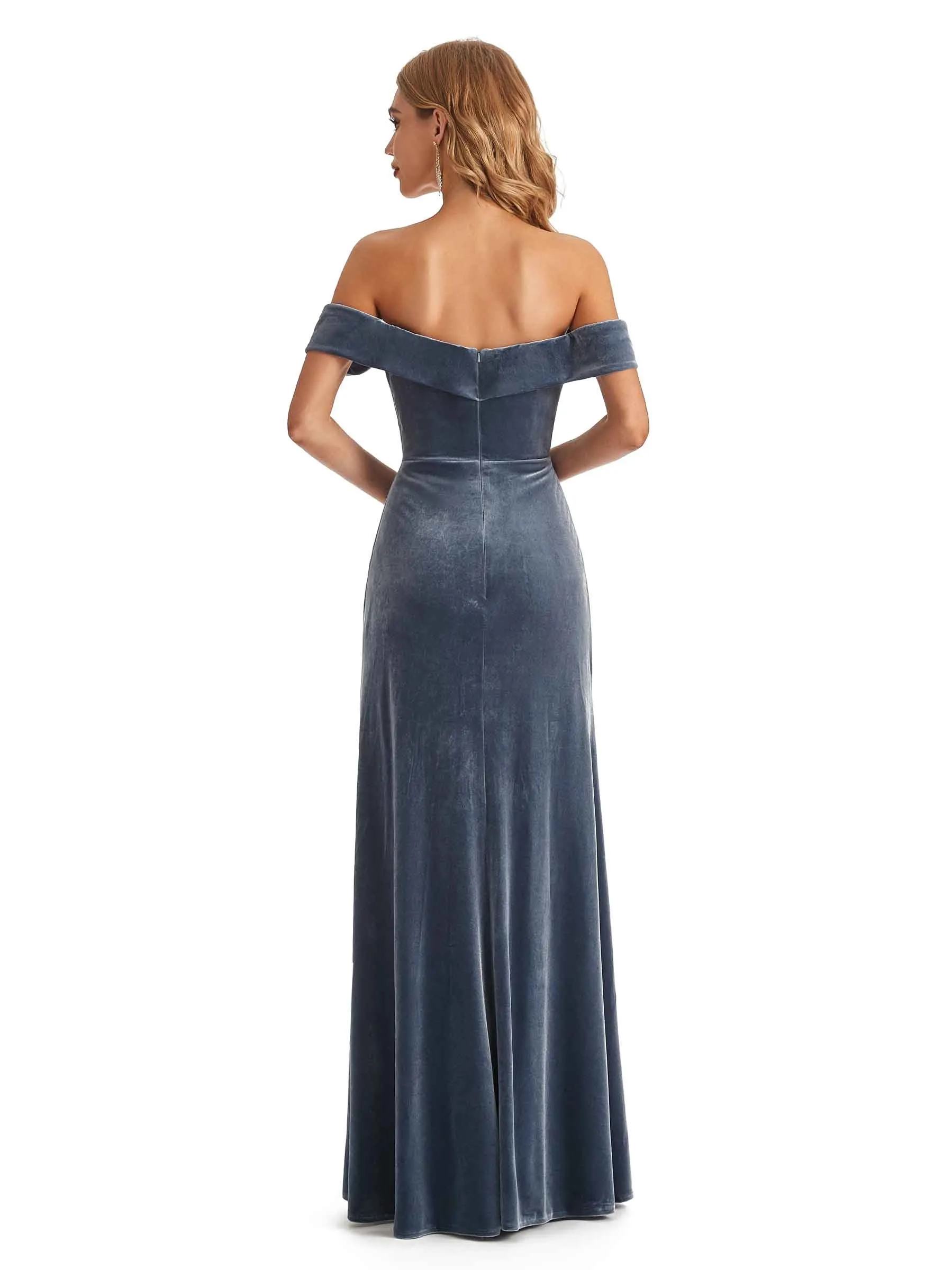 Elegant Mermaid Off the Shoulder Backless Velvet Long Wedding Guest Dresses Side Slit sold by ChicSew product image thumbnail 3