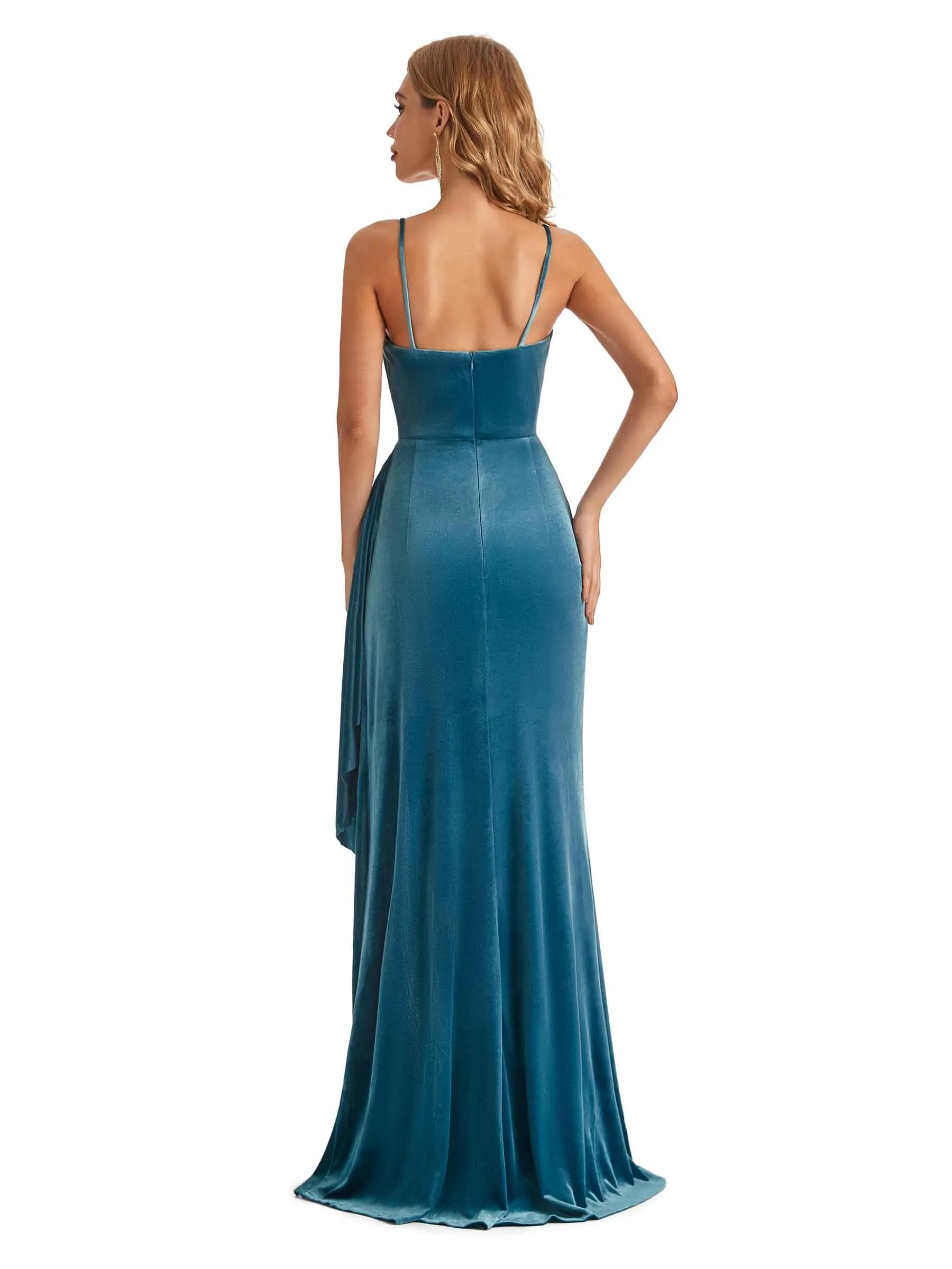 Sexy Mermaid Spaghetti Straps V-neck Backless Velvet Side Slit Long Wedding Guest Dresses sold by ChicSew product image thumbnail 3