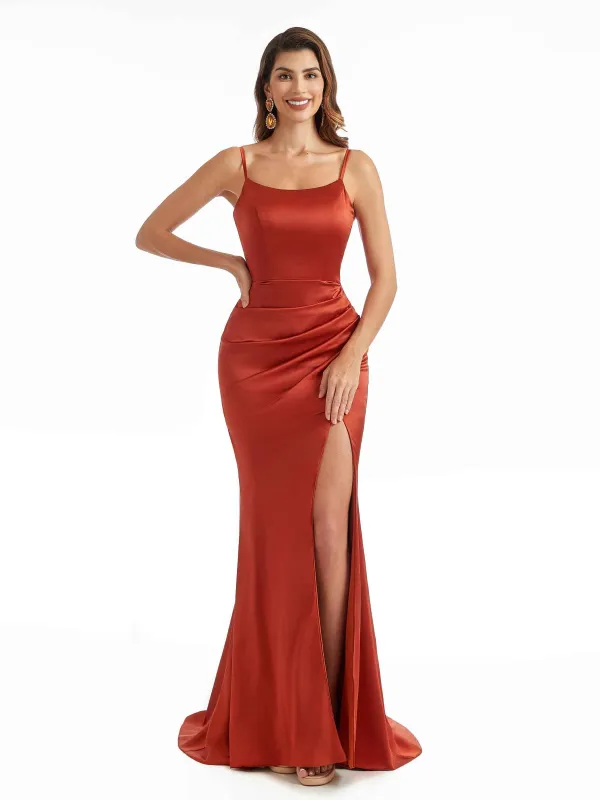 Sexy Side Split Spaghetti Straps Scoop Maxi Satin Wedding Guest Mermaid Dresses sold by ChicSew
