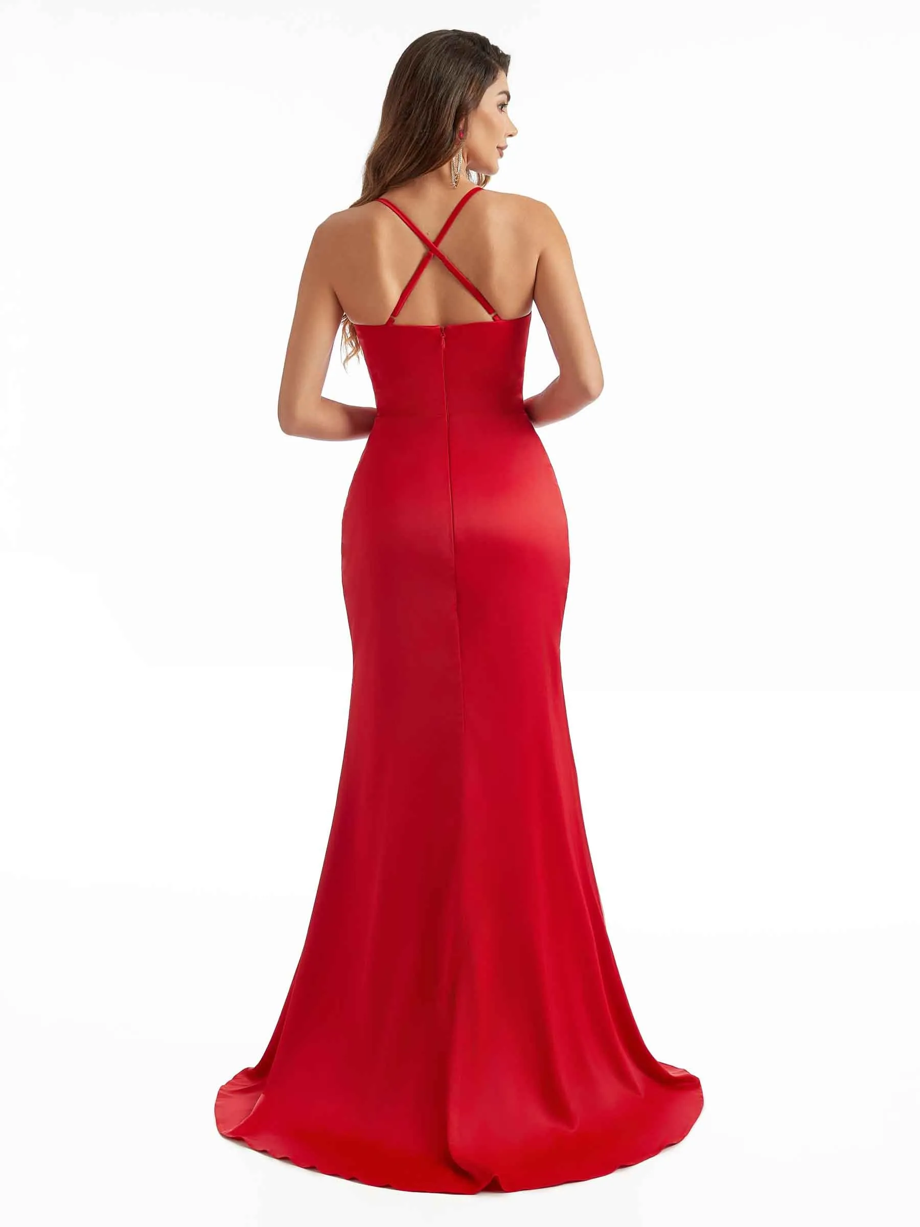 Sexy Side Split Mermaid Chic Criss Cross Spaghetti Straps Satin Wedding Guest Dresses sold by ChicSew product image thumbnail 4