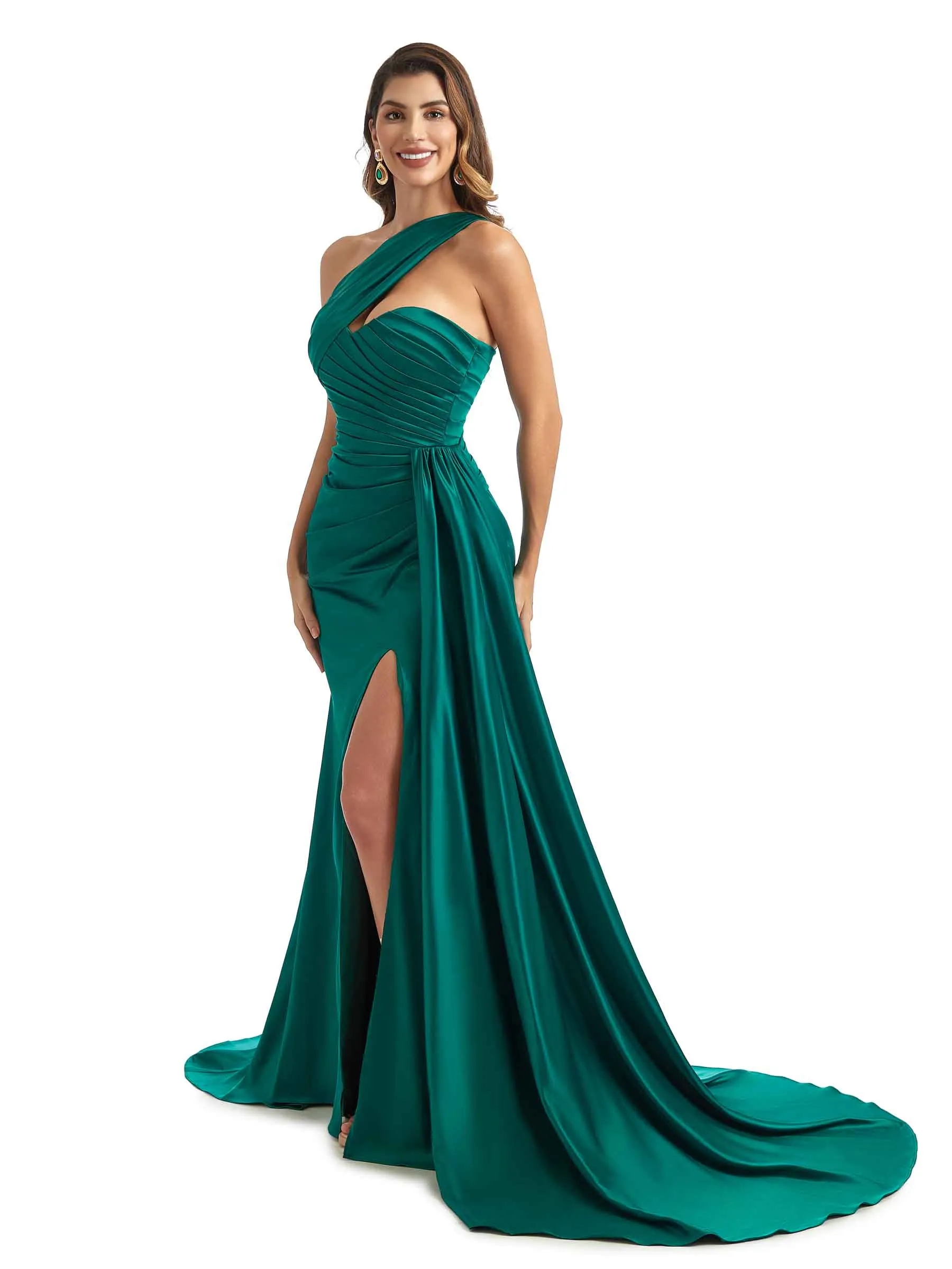 Sexy Side Split One Shoulder Mermaid Silky Satin Chic Long Wedding Guest Dresses sold by ChicSew product image thumbnail 5