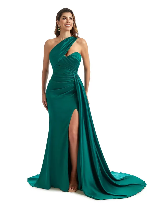 Sexy Side Split One Shoulder Mermaid Silky Satin Chic Long Wedding Guest Dresses sold by ChicSew