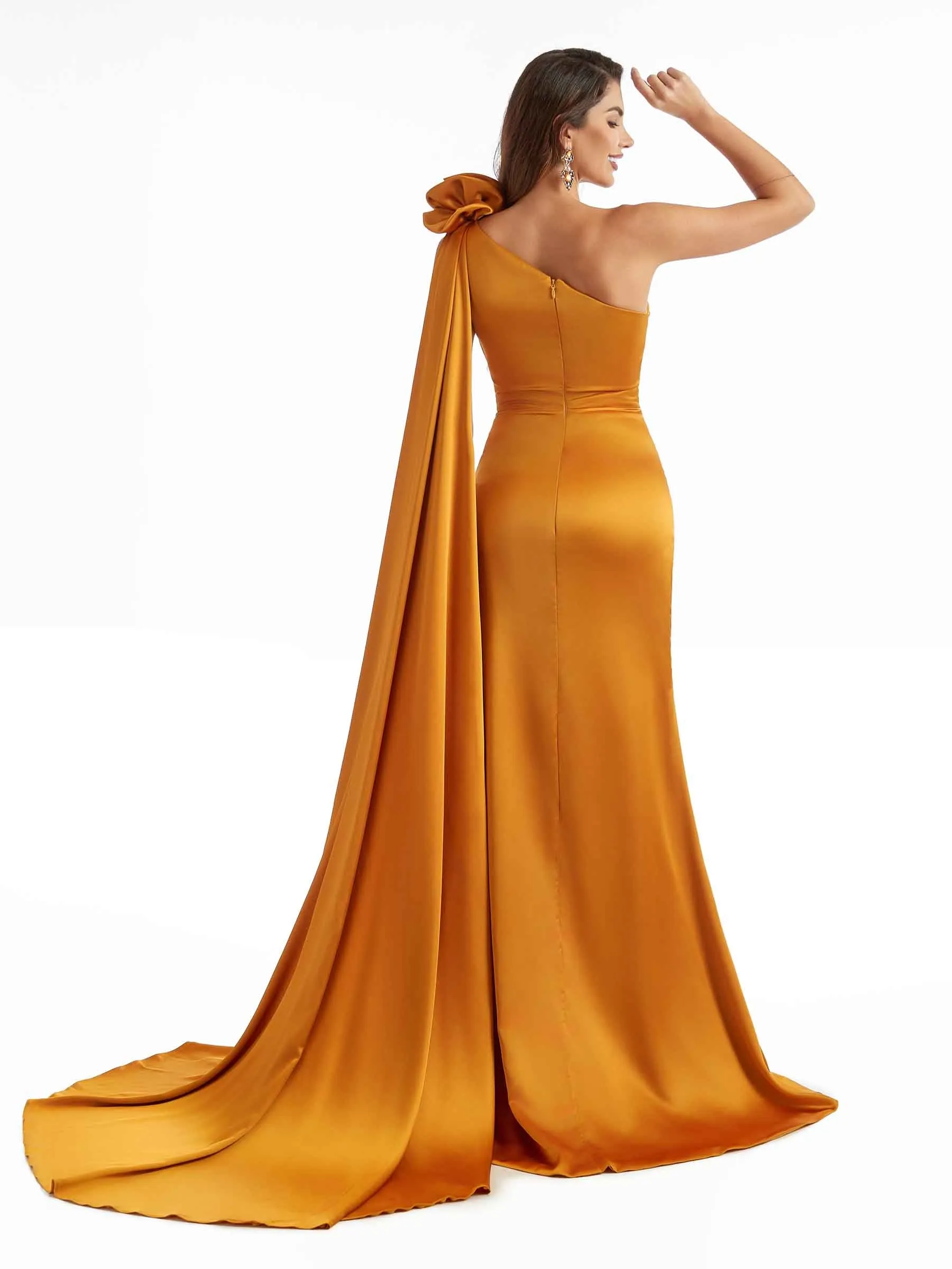 Sexy Side Split One Shoulder Mermaid Long Wedding Guest Dresses In Satin sold by ChicSew product image thumbnail 4