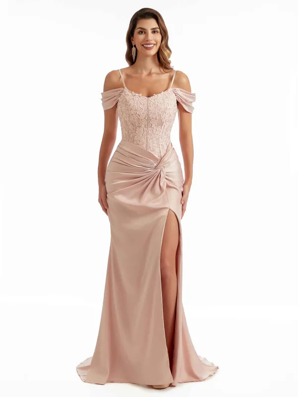 Sexy Side Split Cold Shoulder Lace Top Maxi Satin Modern Formal Wedding Guest Dresses sold by ChicSew